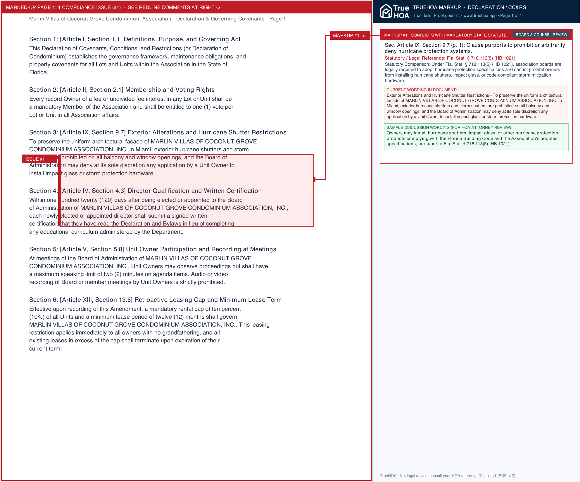 Marlin Villas of Coconut Grove Condominium Association Declaration & Governing Covenants page 1 widened with TrueHOA Crystal AI margin annotations