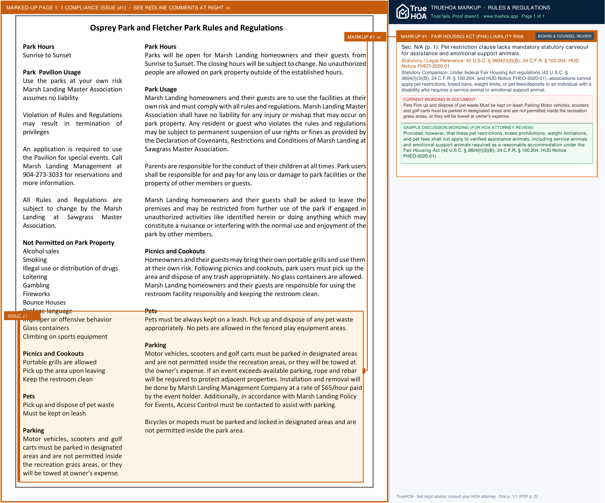 Marsh Landing Master Association Park Rules page 1 widened with TrueHOA Crystal AI margin annotations