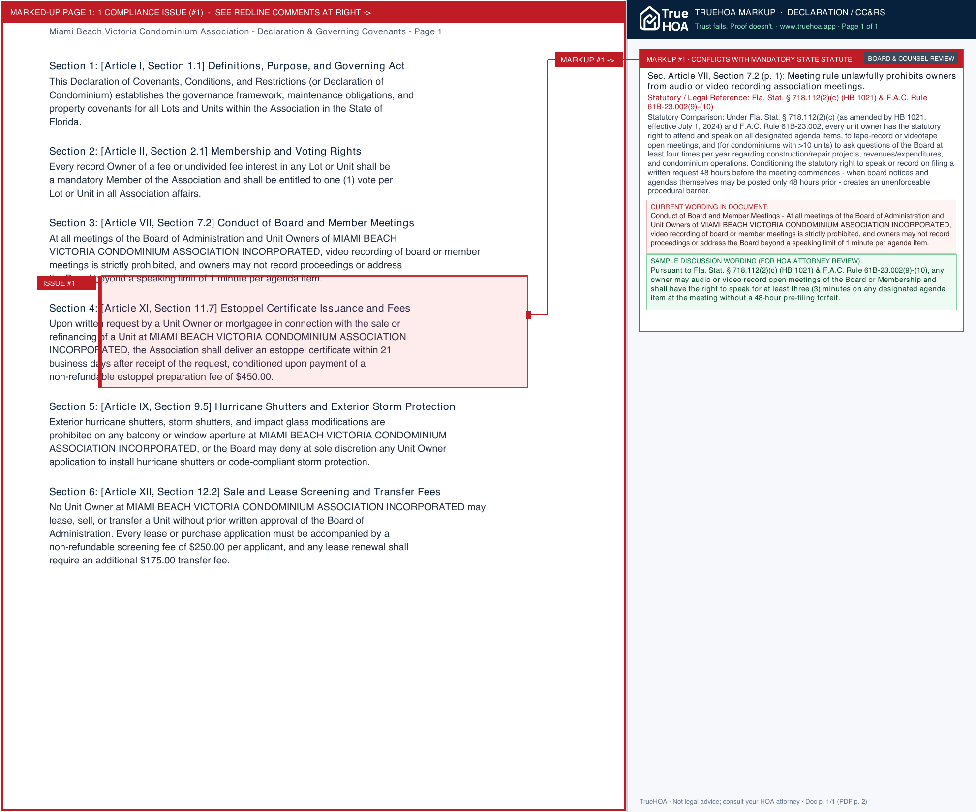 Miami Beach Victoria Condominium Association Declaration & Governing Covenants page 1 widened with TrueHOA Crystal AI margin annotations