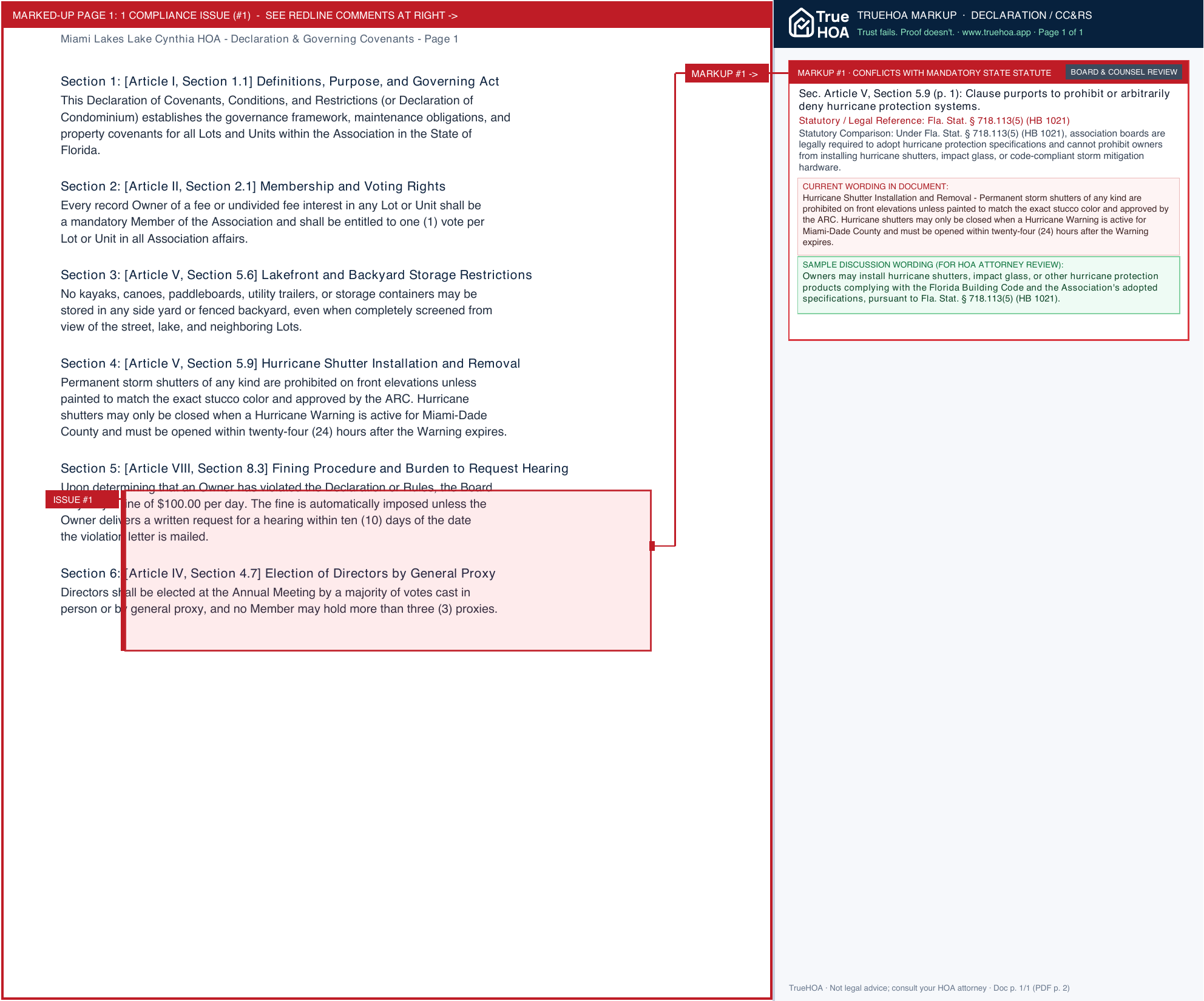 Miami Lakes Lake Cynthia HOA Declaration & Governing Covenants page 1 widened with TrueHOA Crystal AI margin annotations