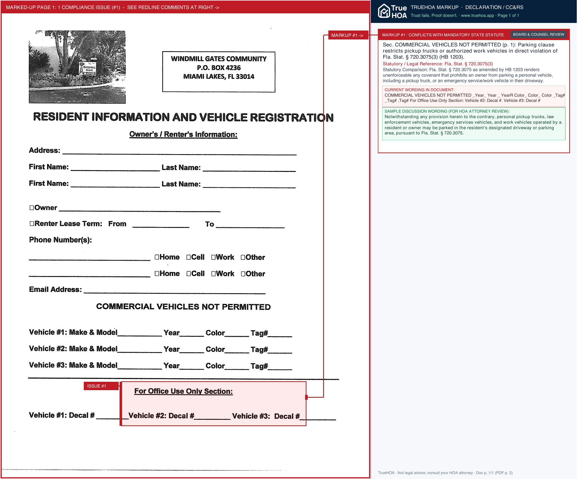 Miami Lakes Windmill Gate Homeowner's Association WGHA Vehicle Registration Form page 1 widened with TrueHOA Crystal AI margin annotations