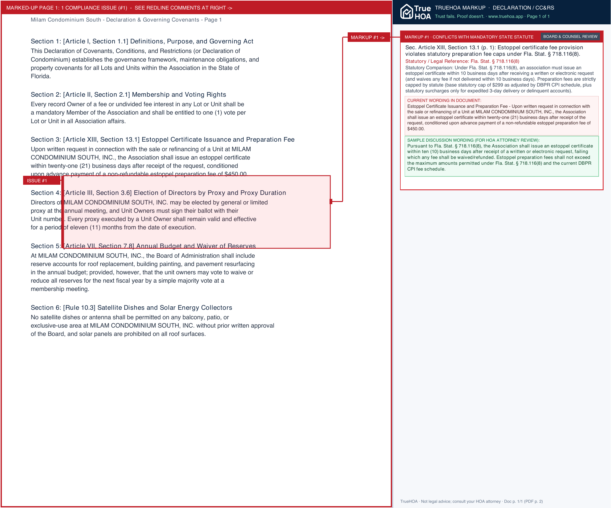 Milam Condominium South Declaration & Governing Covenants page 1 widened with TrueHOA Crystal AI margin annotations