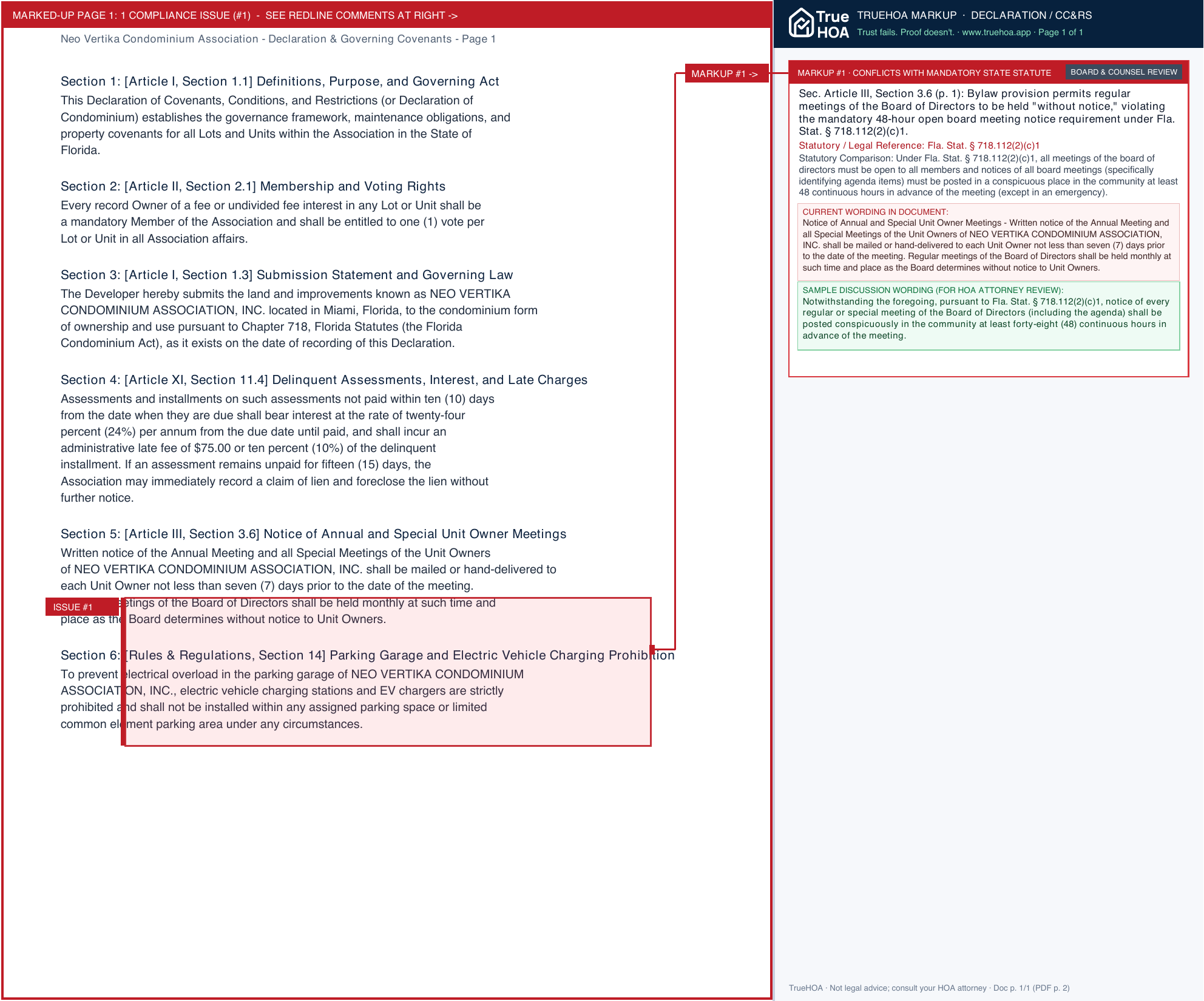 Neo Vertika Condominium Association Declaration & Governing Covenants page 1 widened with TrueHOA Crystal AI margin annotations