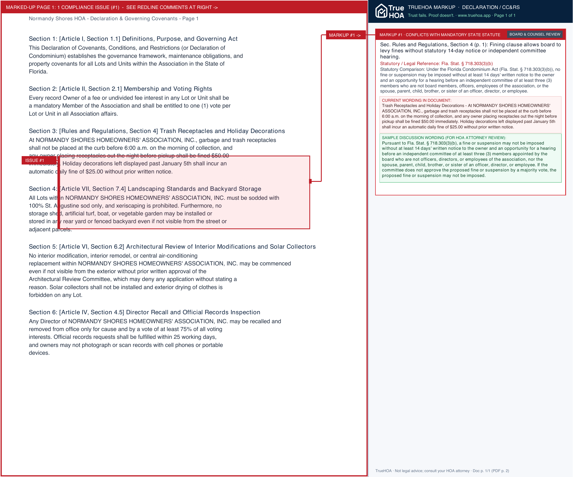 Normandy Shores HOA Declaration & Governing Covenants page 1 widened with TrueHOA Crystal AI margin annotations