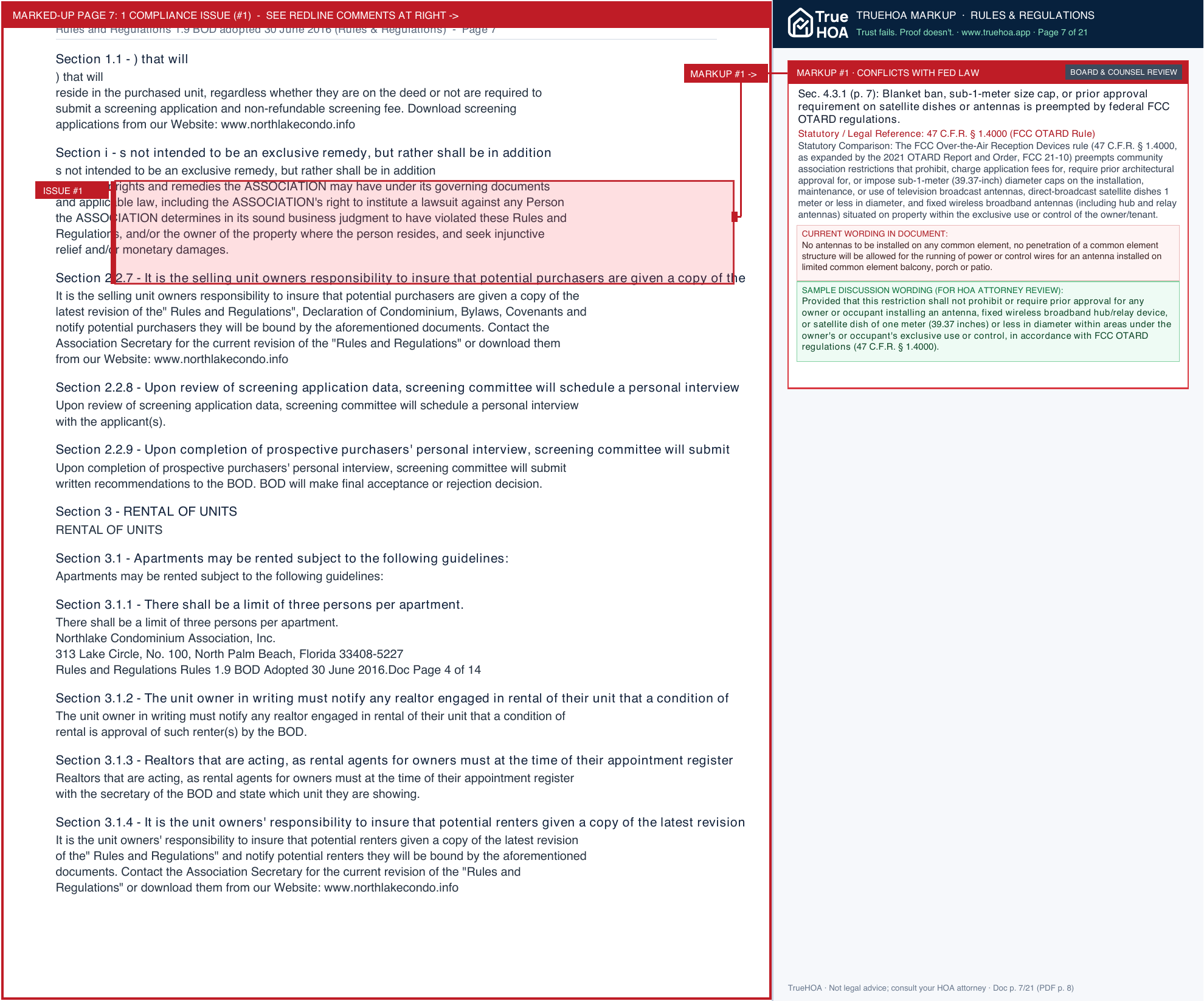 Northlake Condominium Association Rules and Regulations 1.9 BOD adopted 30 June 2016 page 7 widened with TrueHOA Crystal AI margin annotations