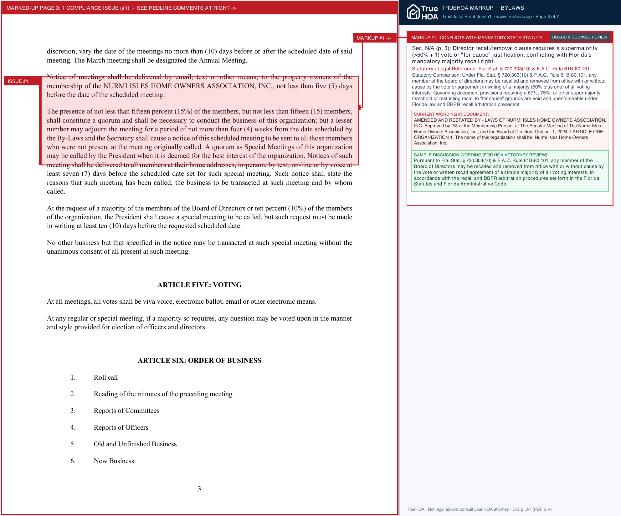 Nurmi Isles HOA Amended By Laws page 3 widened with TrueHOA Crystal AI margin annotations