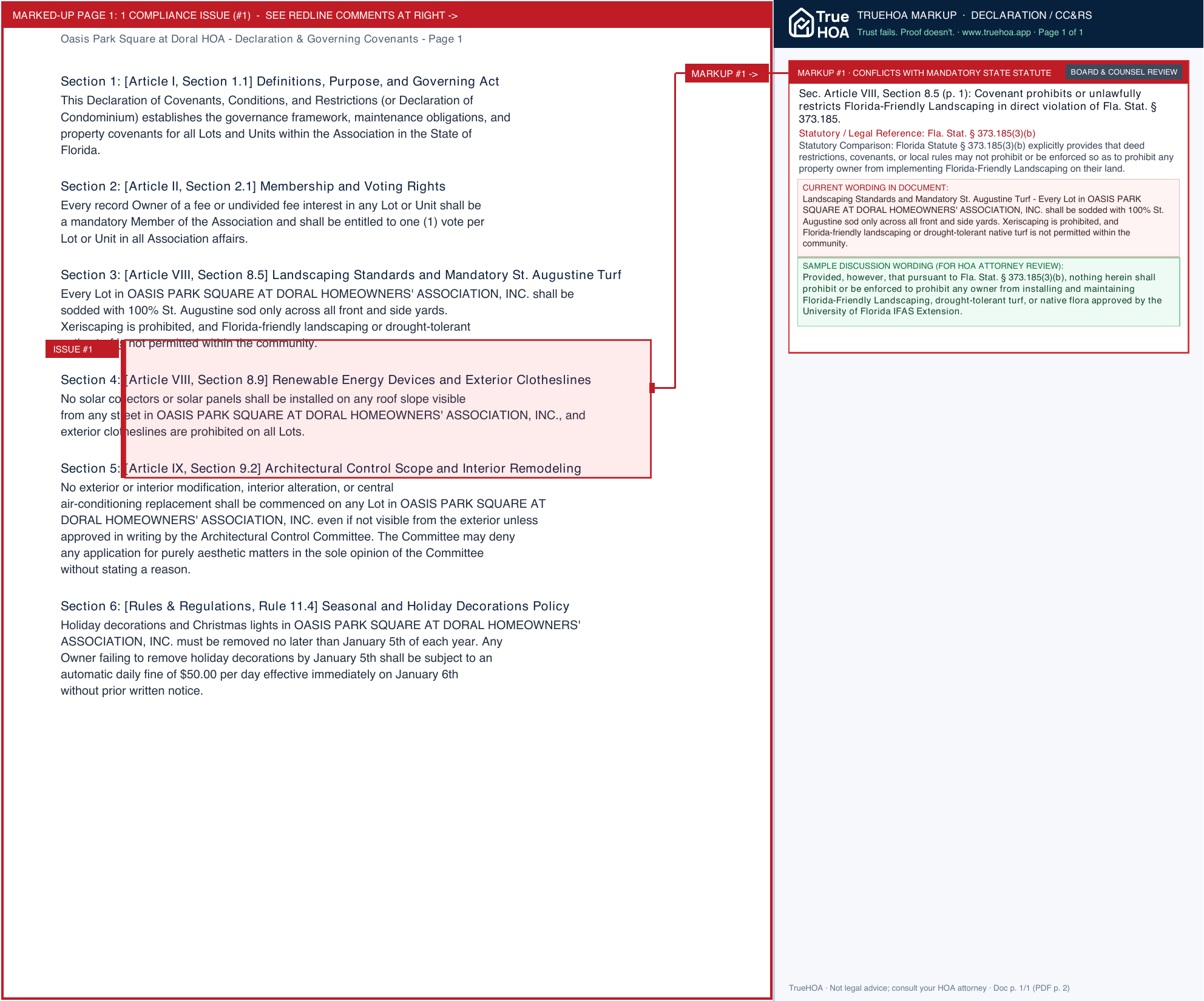 Oasis Park Square at Doral HOA Declaration & Governing Covenants page 1 widened with TrueHOA Crystal AI margin annotations