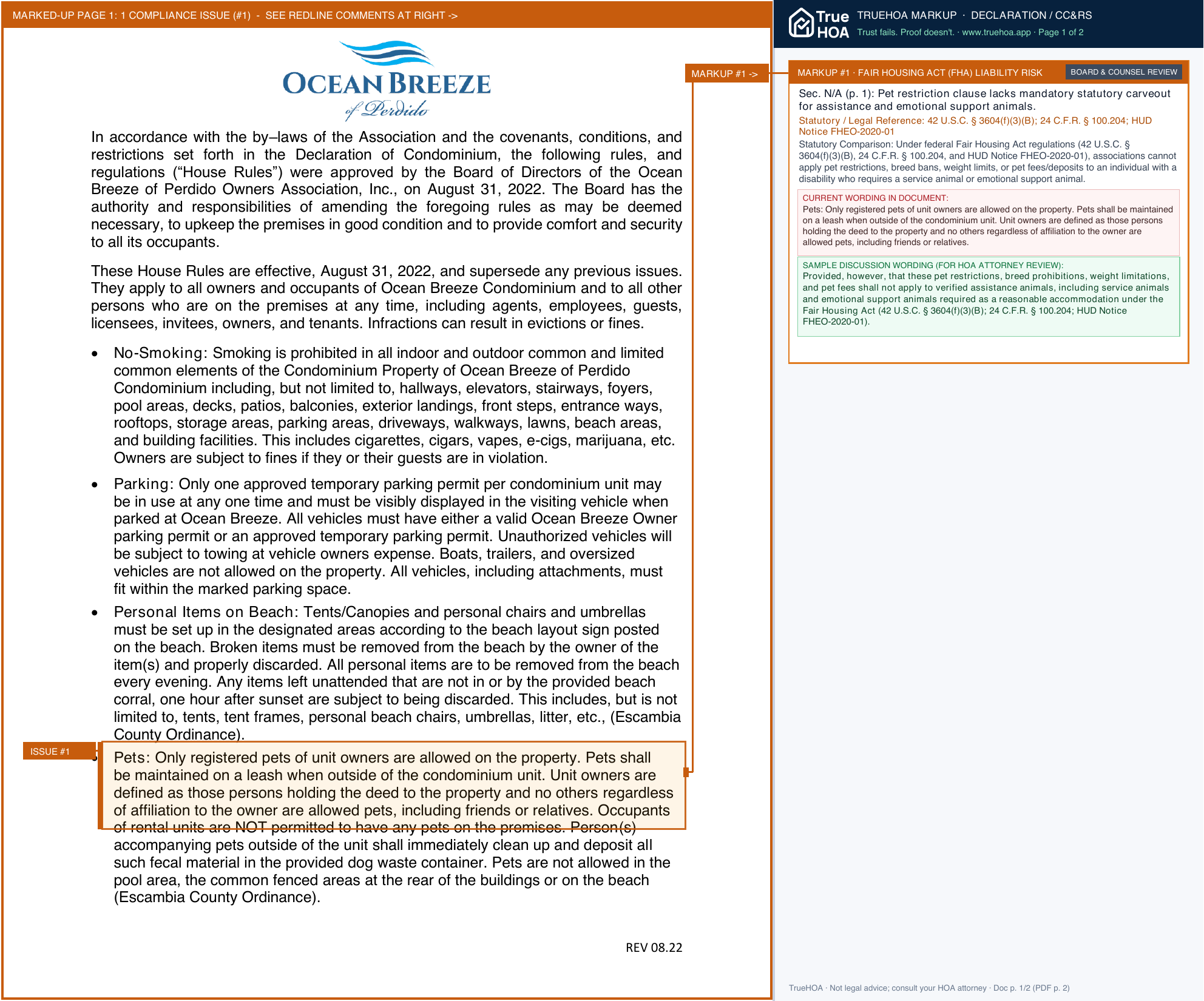 Ocean Breeze of Perdido Owners Association Printable Official House Rules page 1 widened with TrueHOA Crystal AI margin annotations