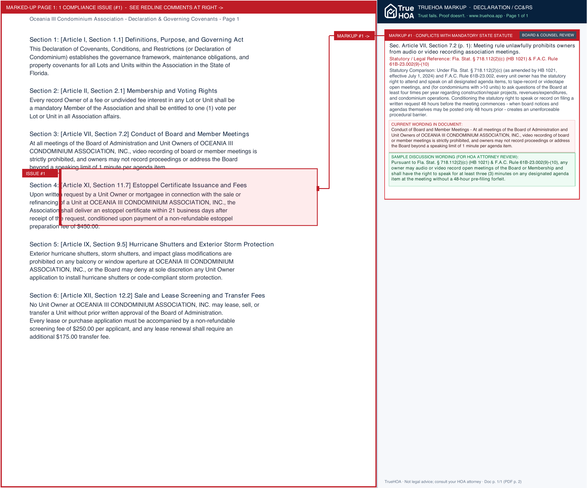 Oceania III Condominium Association Declaration & Governing Covenants page 1 widened with TrueHOA Crystal AI margin annotations