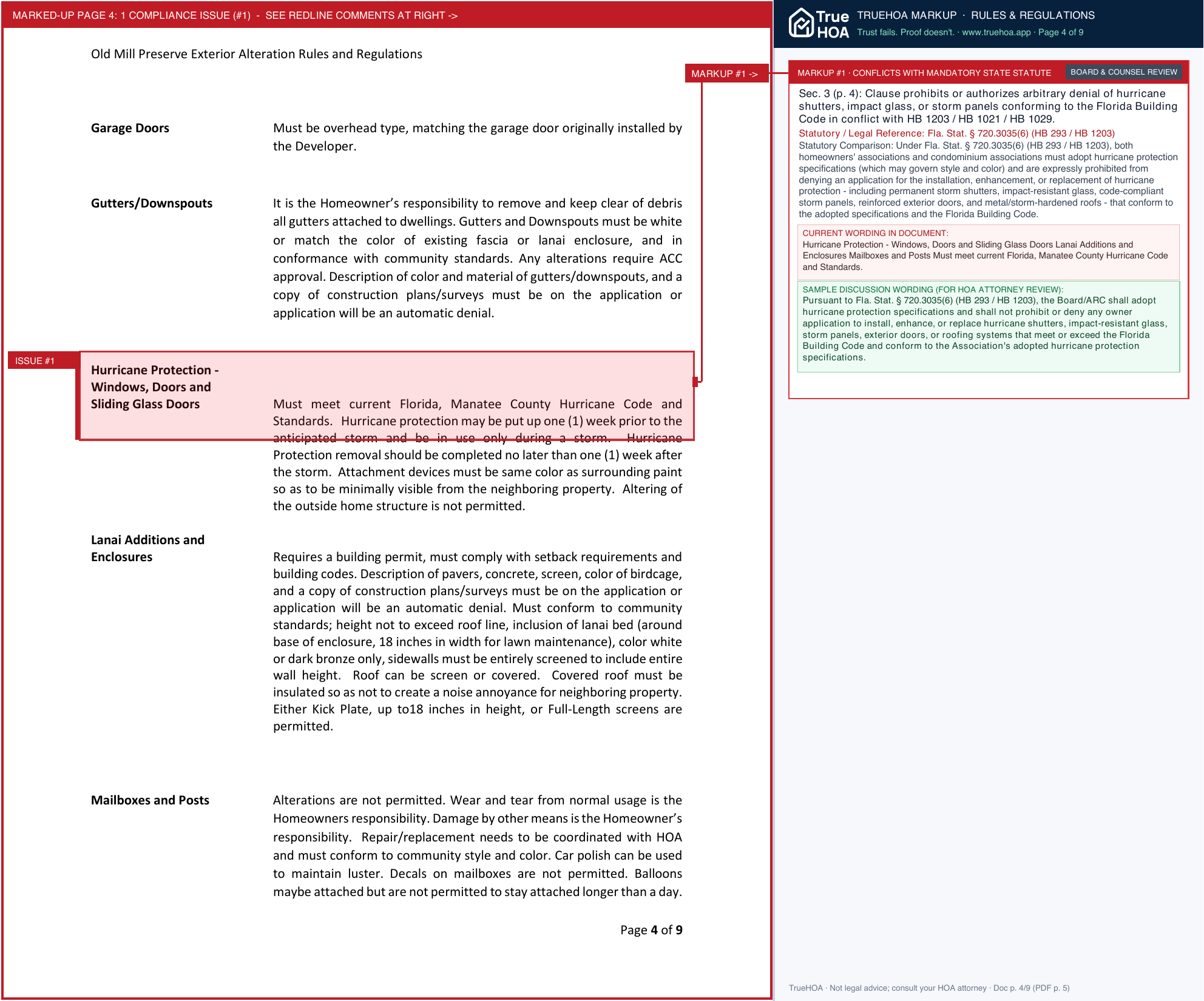 Old Mill Preserve HOA OMP Docs Exterior Alterations Rules and Regulations v3 page 4 widened with TrueHOA Crystal AI margin annotations