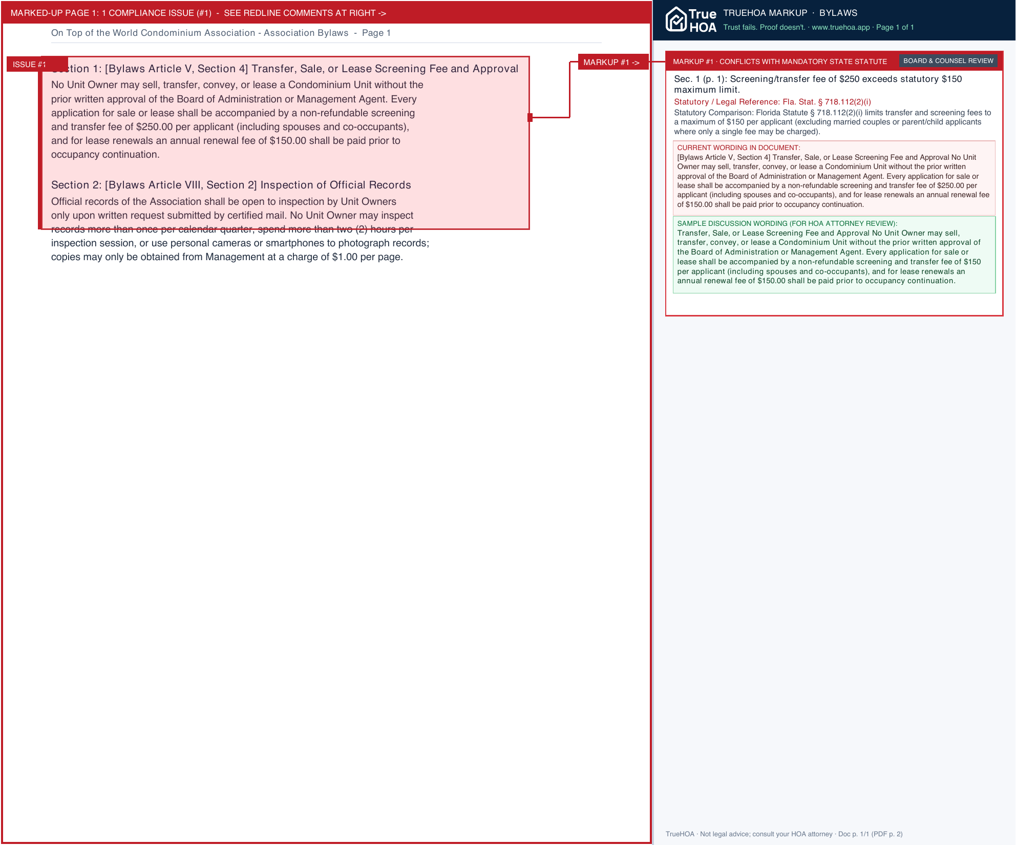 On Top of the World Condominium Association Association Bylaws page 1 widened with TrueHOA Crystal AI margin annotations