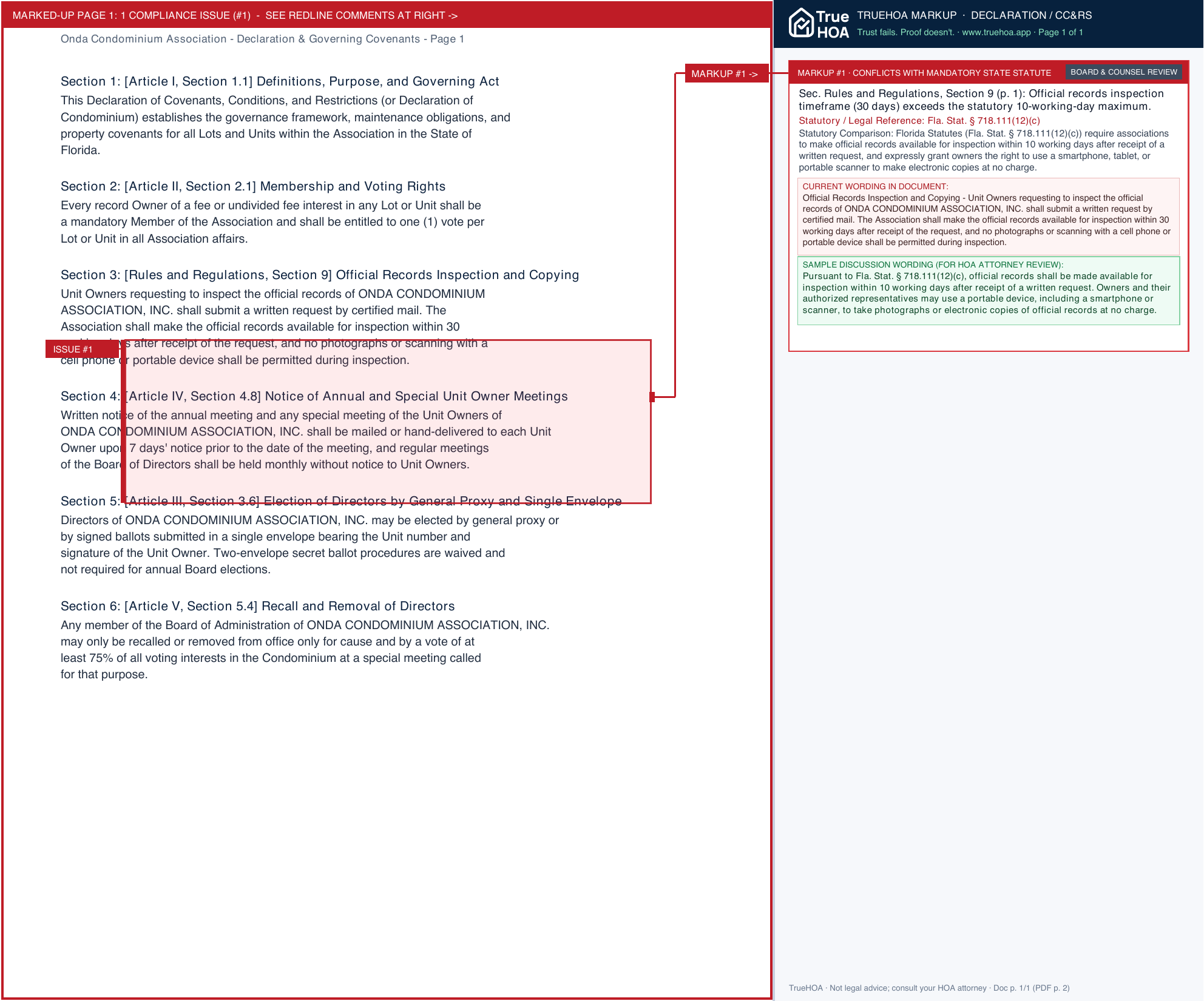 Onda Condominium Association Declaration & Governing Covenants page 1 widened with TrueHOA Crystal AI margin annotations