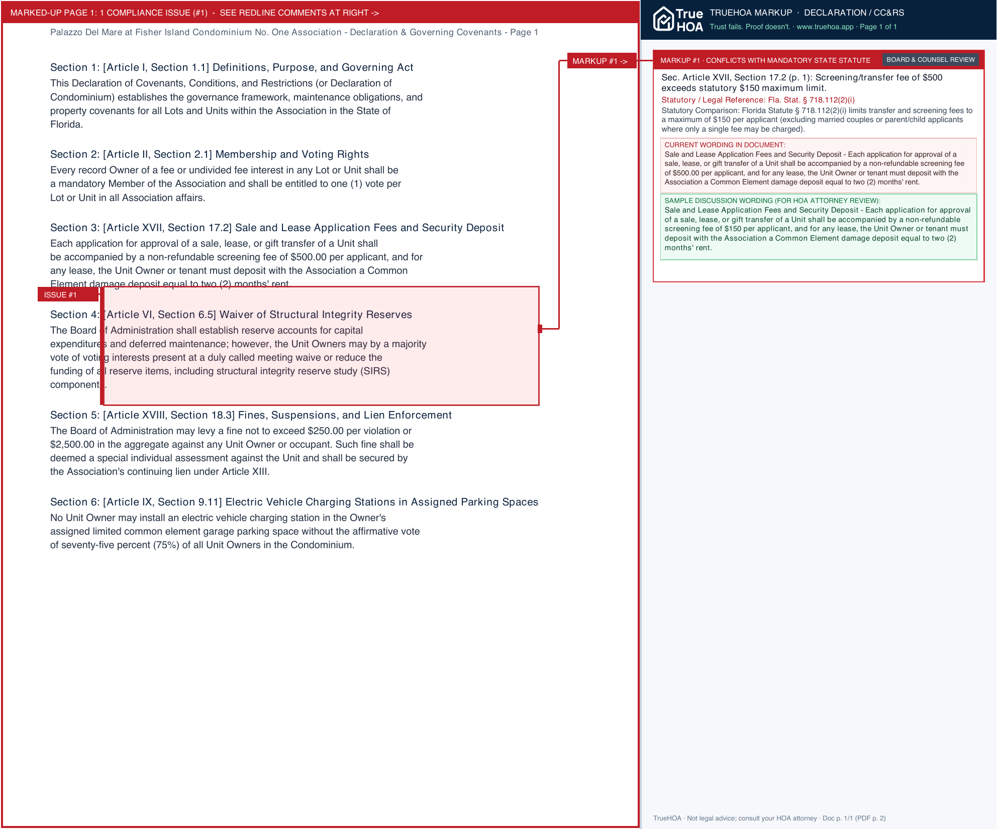 Palazzo Del Mare at Fisher Island Condominium No. One Association Declaration & Governing Covenants page 1 widened with TrueHOA Crystal AI margin annotations