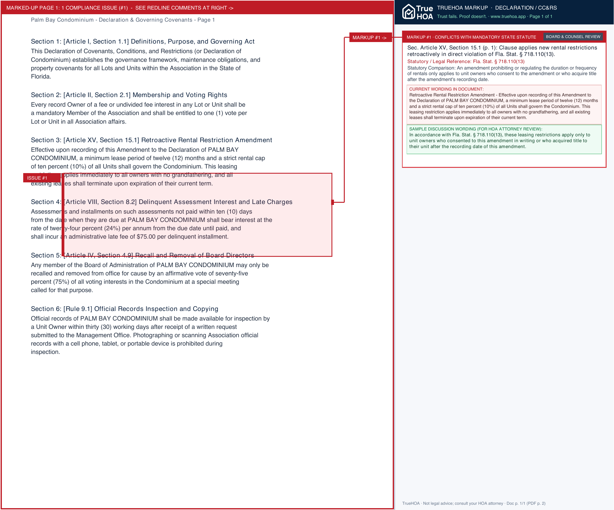Palm Bay Condominium Declaration & Governing Covenants page 1 widened with TrueHOA Crystal AI margin annotations