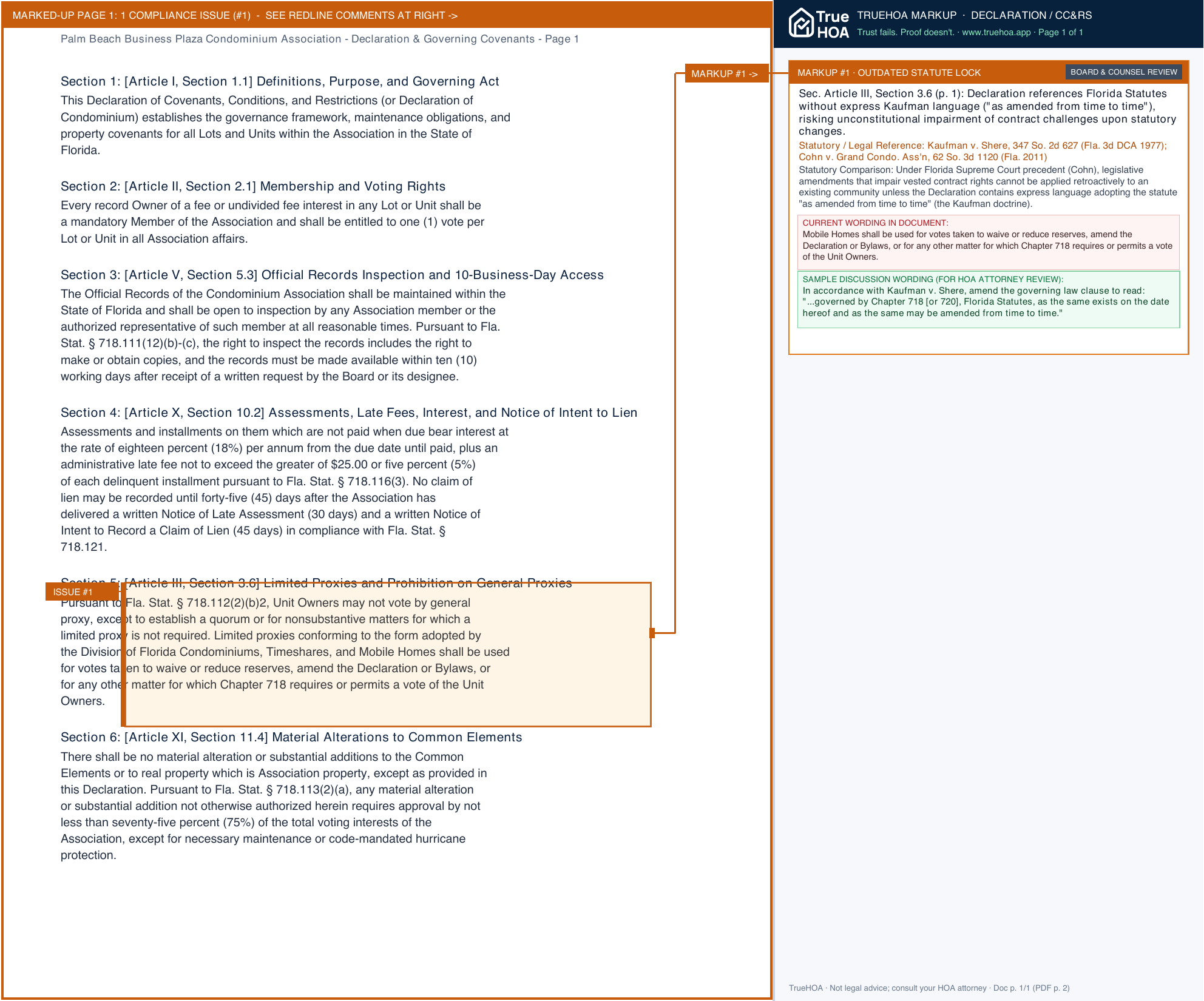 Palm Beach Business Plaza Condominium Association Declaration & Governing Covenants page 1 widened with TrueHOA Crystal AI margin annotations