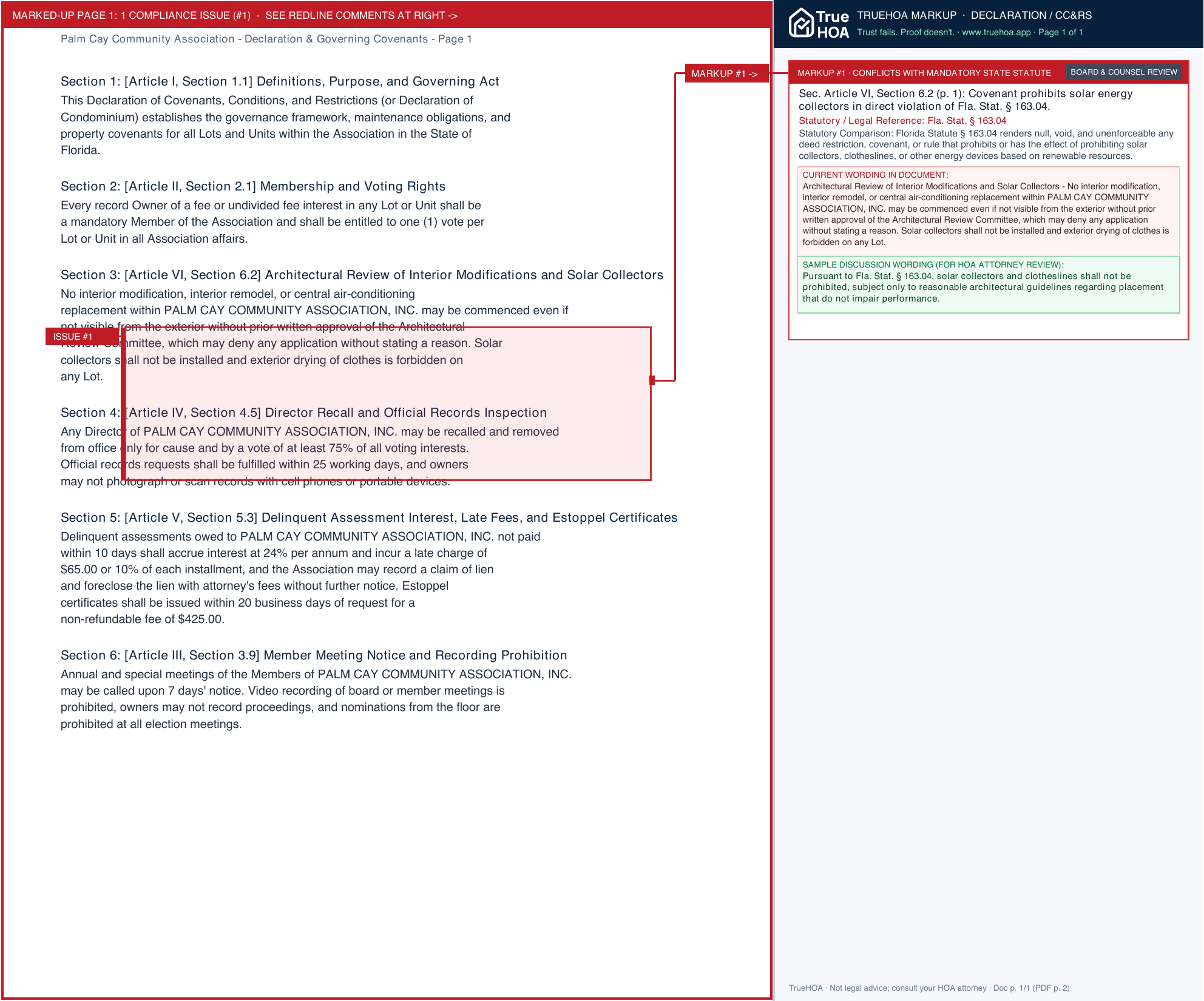 Palm Cay Community Association Declaration & Governing Covenants page 1 widened with TrueHOA Crystal AI margin annotations