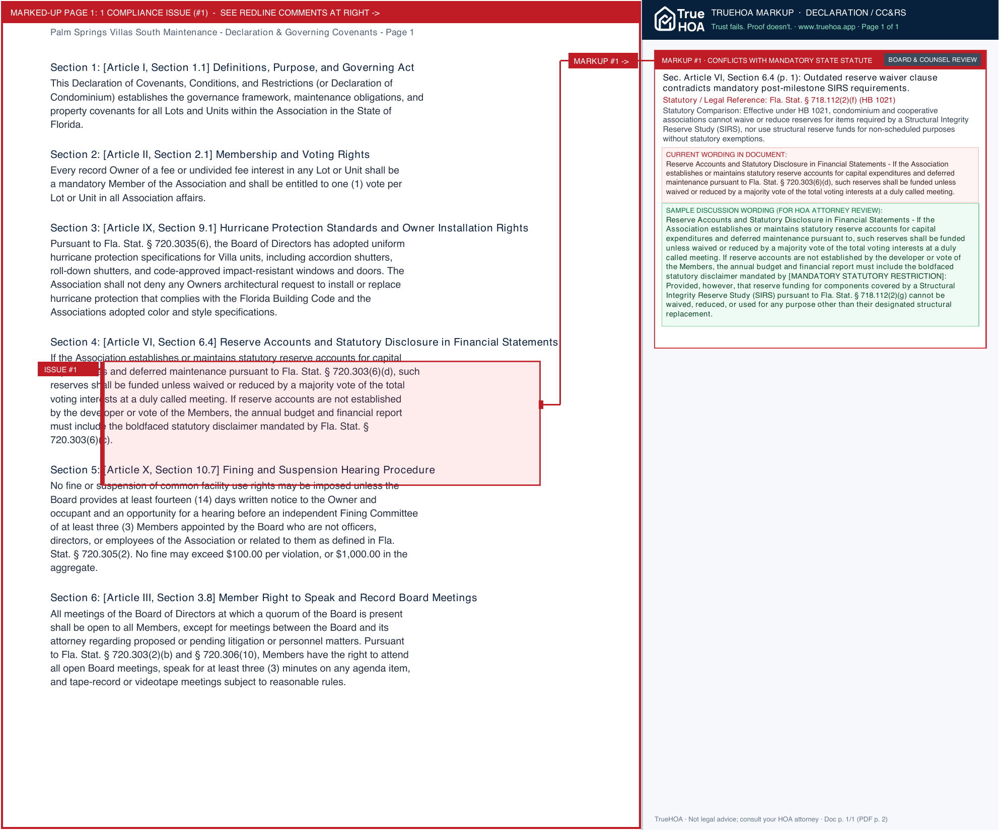 Palm Springs Villas South Maintenance Declaration & Governing Covenants page 1 widened with TrueHOA Crystal AI margin annotations