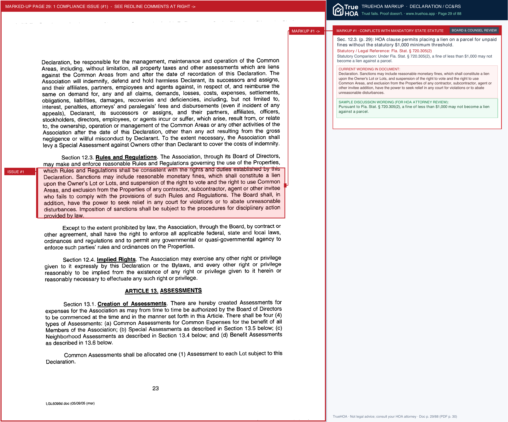 Palma Sola Trace Master HOA Declaration of Covenants page 29 widened with TrueHOA Crystal AI margin annotations