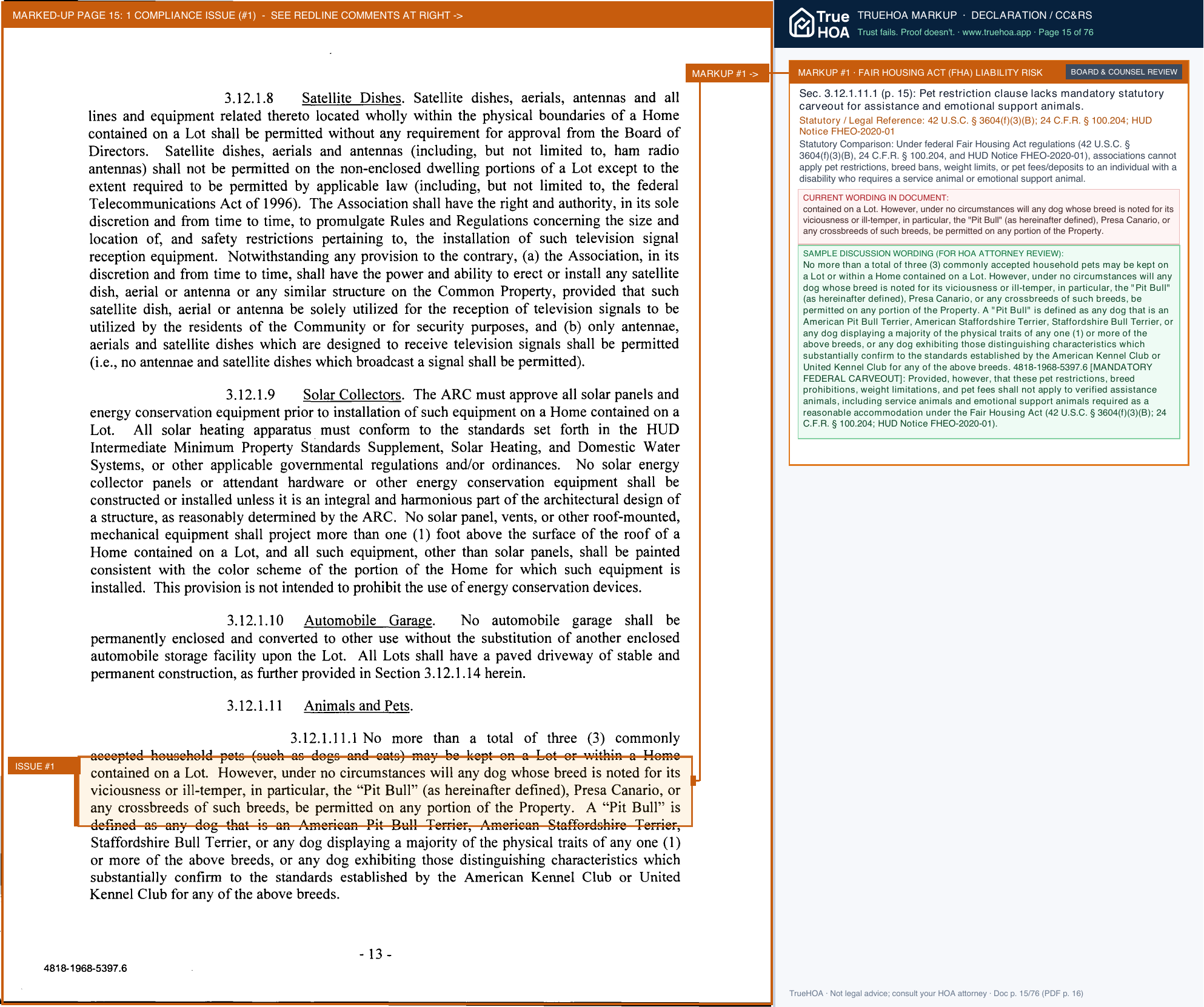 Palmer Reserve HOA Declaration of Covenants, Conditions & Restrictions page 15 widened with TrueHOA Crystal AI margin annotations