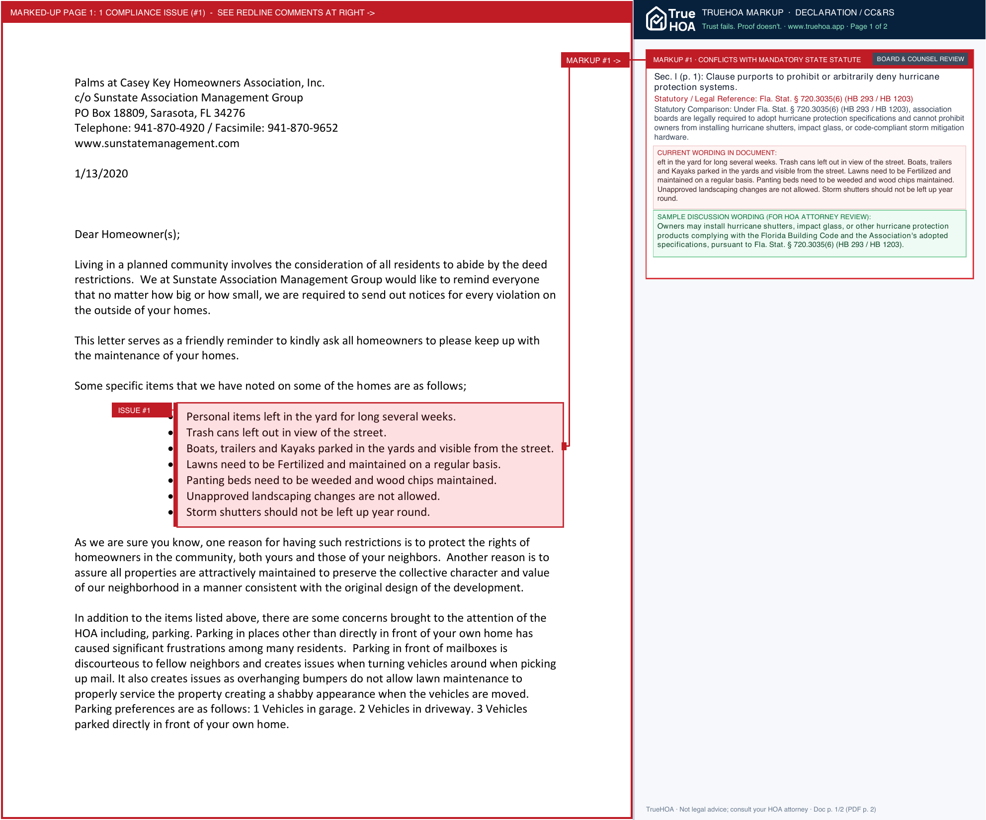 Palms at Casey Key HOA A Letter to Owners about Compliance page 1 widened with TrueHOA Crystal AI margin annotations