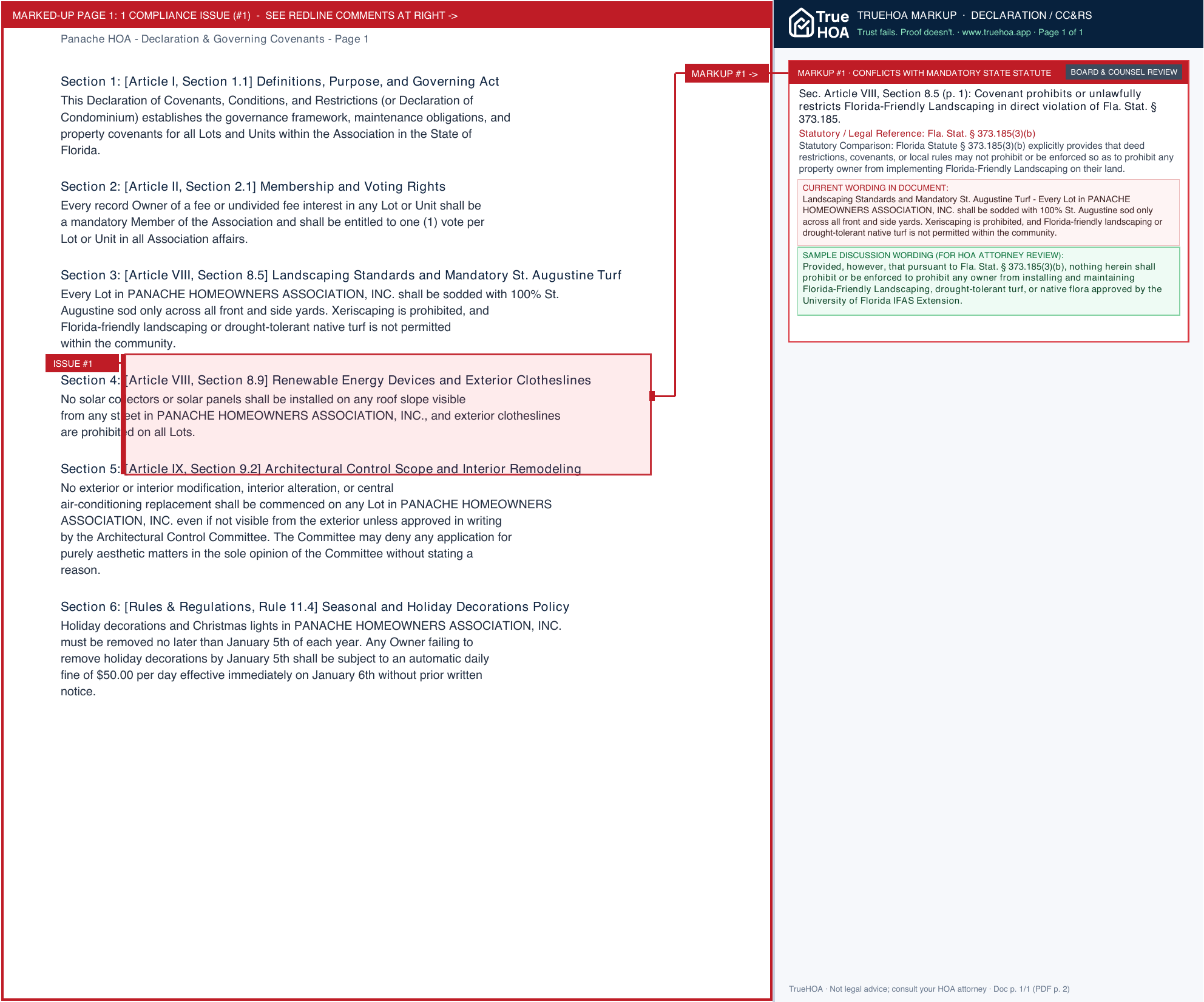 Panache HOA Declaration & Governing Covenants page 1 widened with TrueHOA Crystal AI margin annotations