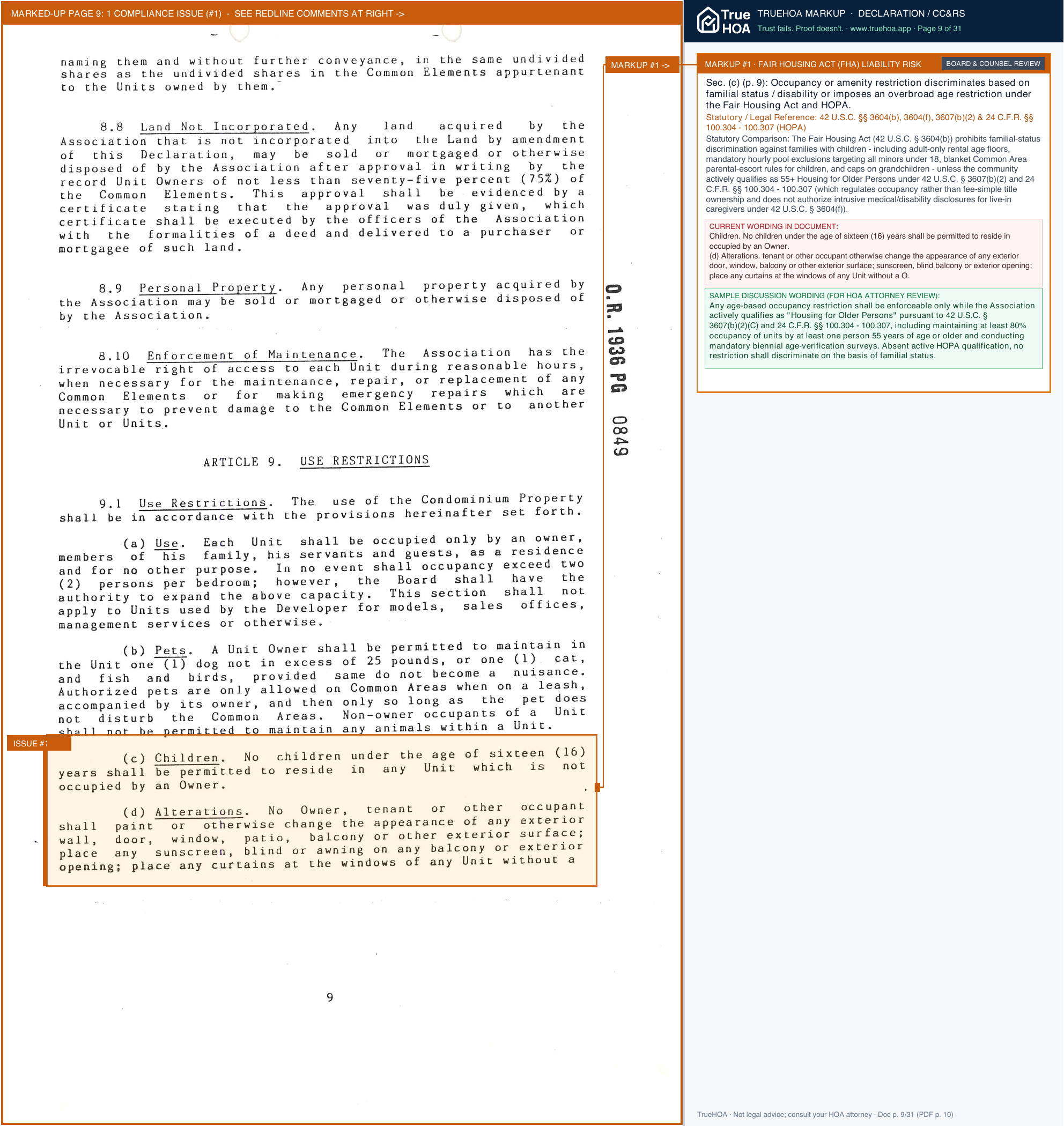 Park Place Villas Condominium Association Declaration of Condominium page 9 widened with TrueHOA Crystal AI margin annotations