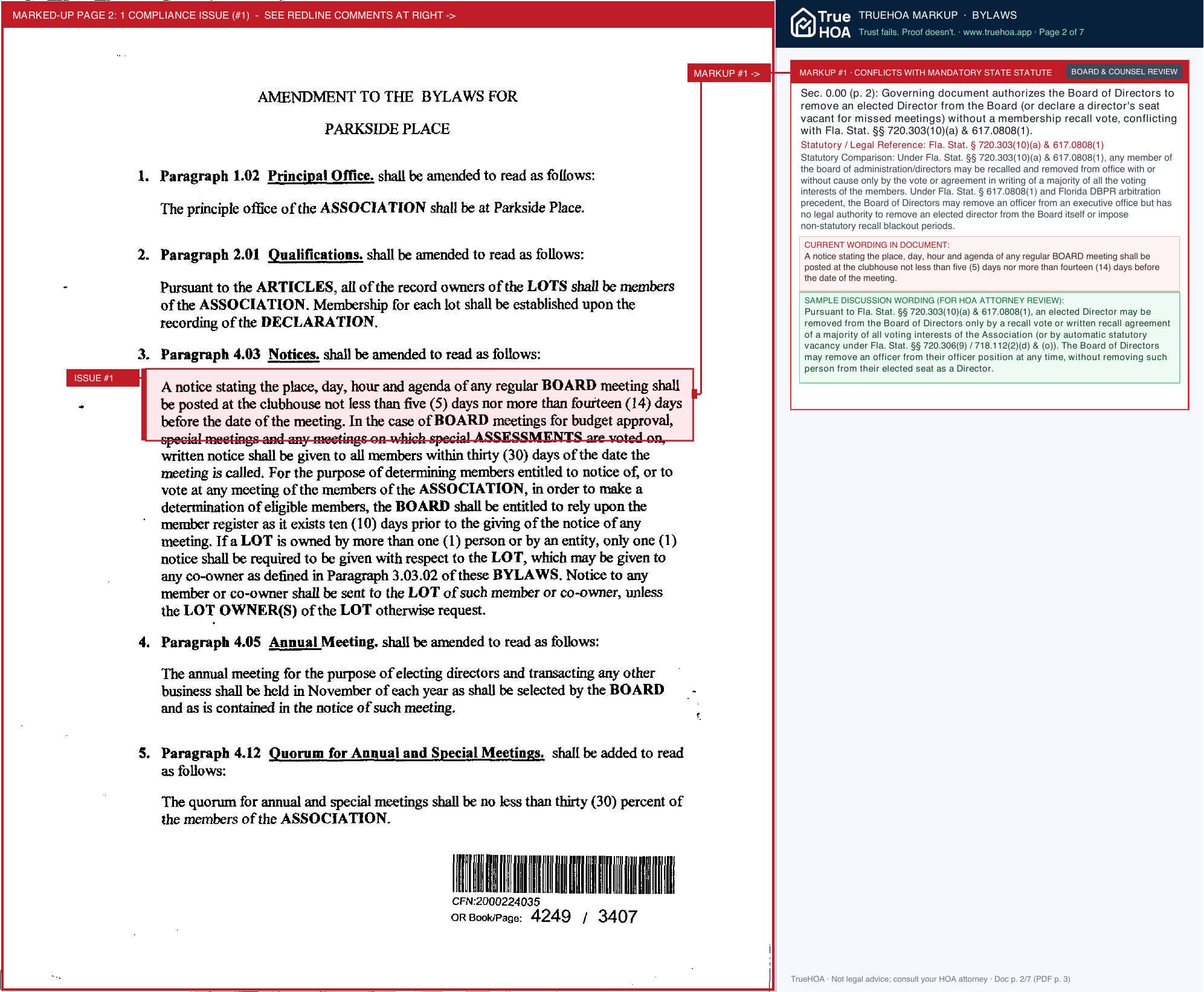 Park Side Place HOA Amendment to Bylaws page 2 widened with TrueHOA Crystal AI margin annotations