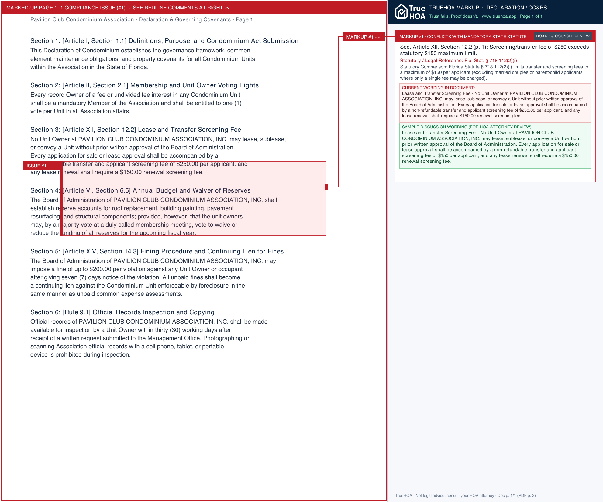 Pavilion Club Condominium Association Declaration & Governing Covenants page 1 widened with TrueHOA Crystal AI margin annotations