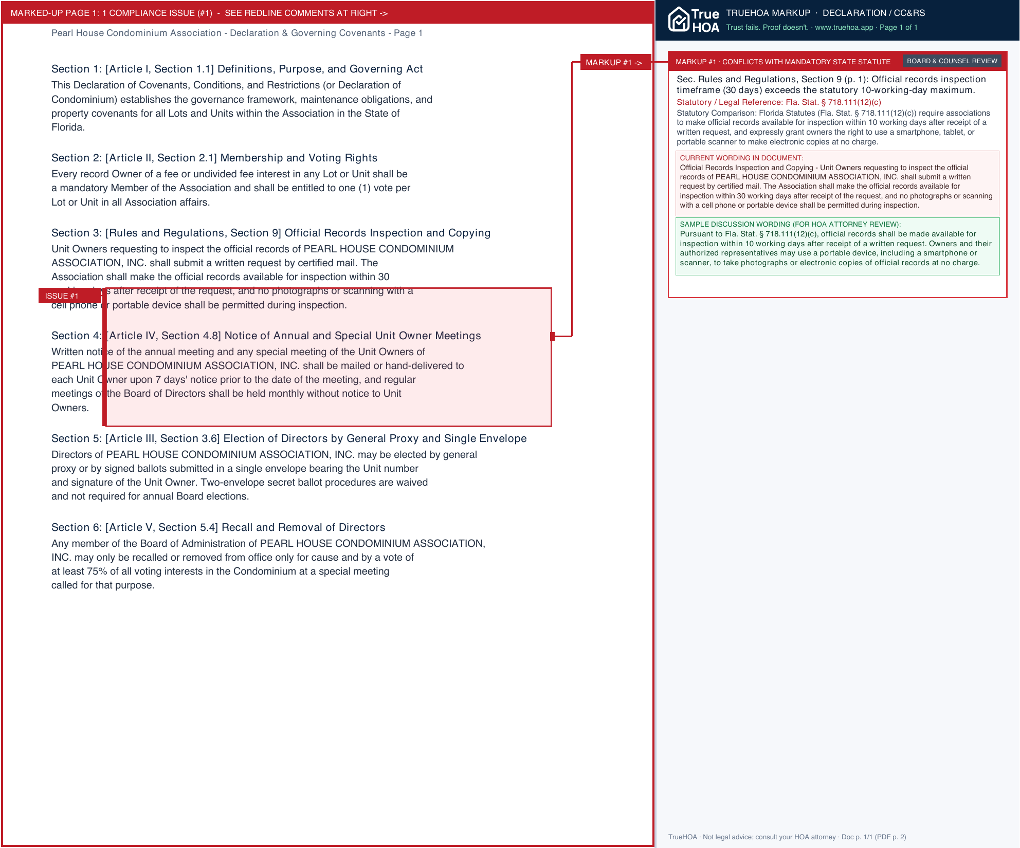 Pearl House Condominium Association Declaration & Governing Covenants page 1 widened with TrueHOA Crystal AI margin annotations