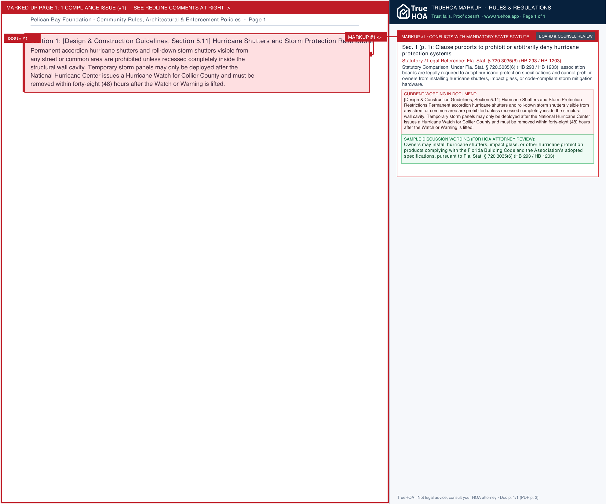 Pelican Bay Foundation Community Rules, Architectural & Enforcement Policies page 1 widened with TrueHOA Crystal AI margin annotations