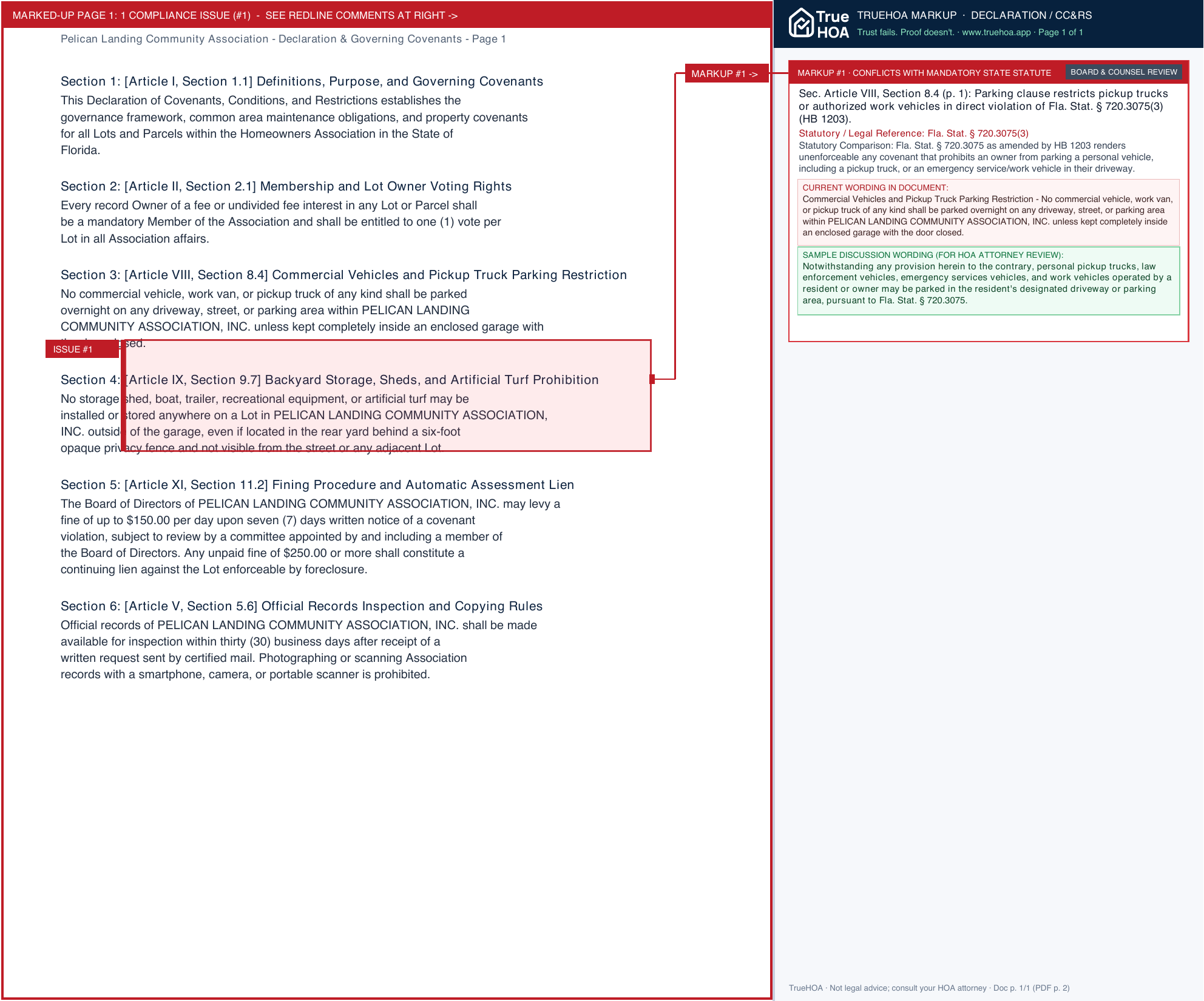 Pelican Landing Community Association Declaration & Governing Covenants page 1 widened with TrueHOA Crystal AI margin annotations