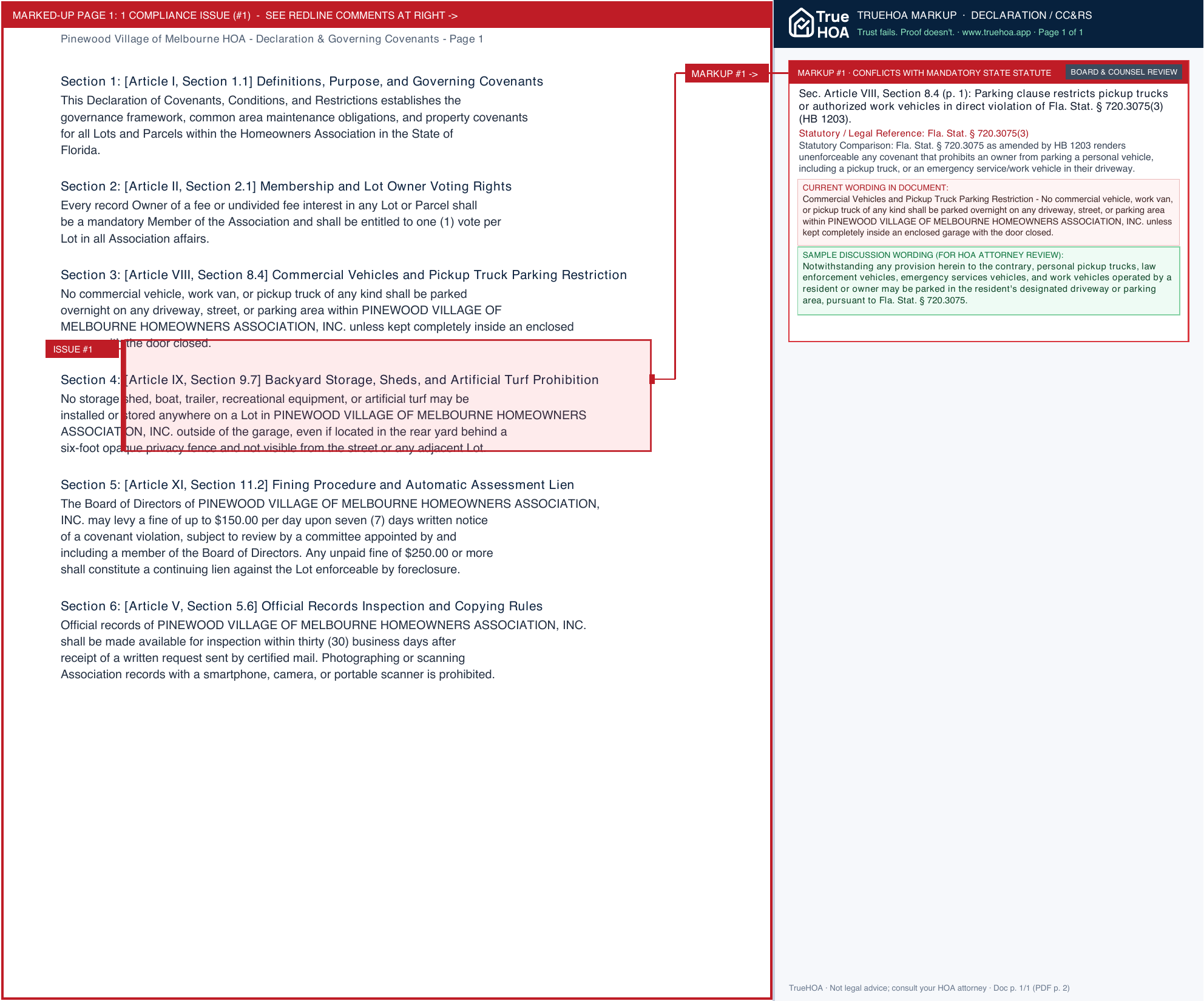Pinewood Village of Melbourne HOA Declaration & Governing Covenants page 1 widened with TrueHOA Crystal AI margin annotations