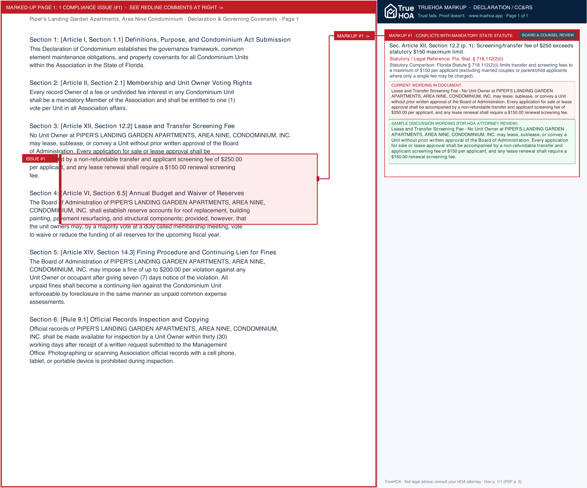Piper's Landing Garden Apartments, Area Nine Condominium Declaration & Governing Covenants page 1 widened with TrueHOA Crystal AI margin annotations