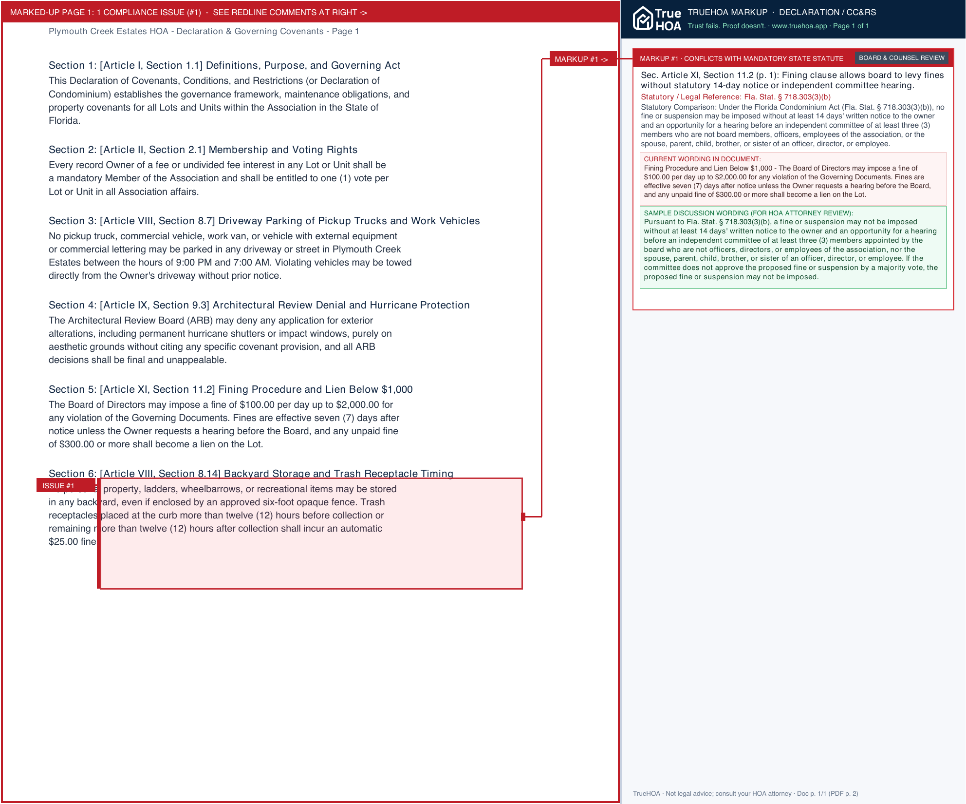 Plymouth Creek Estates HOA Declaration & Governing Covenants page 1 widened with TrueHOA Crystal AI margin annotations