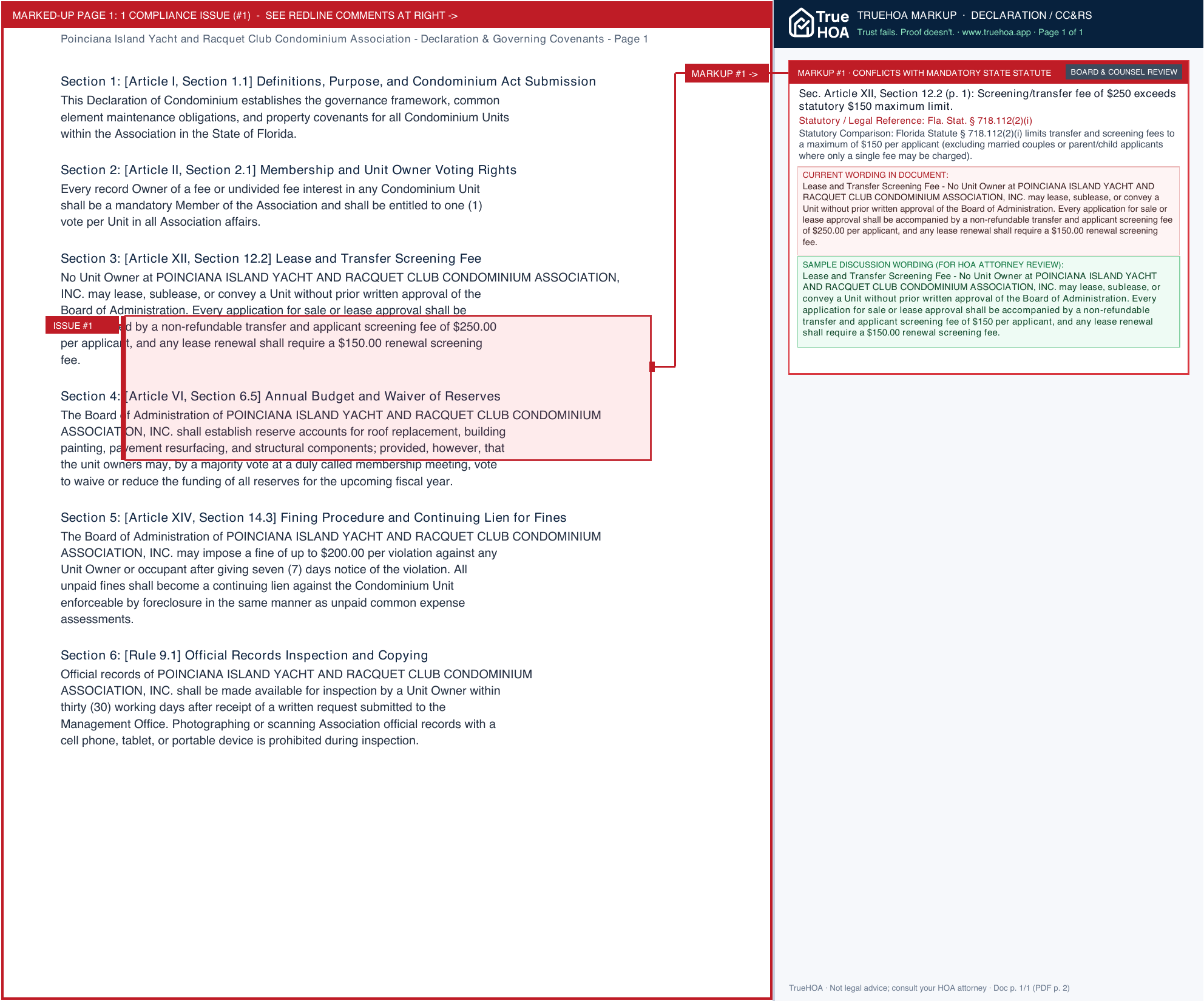 Poinciana Island Yacht and Racquet Club Condominium Association Declaration & Governing Covenants page 1 widened with TrueHOA Crystal AI margin annotations