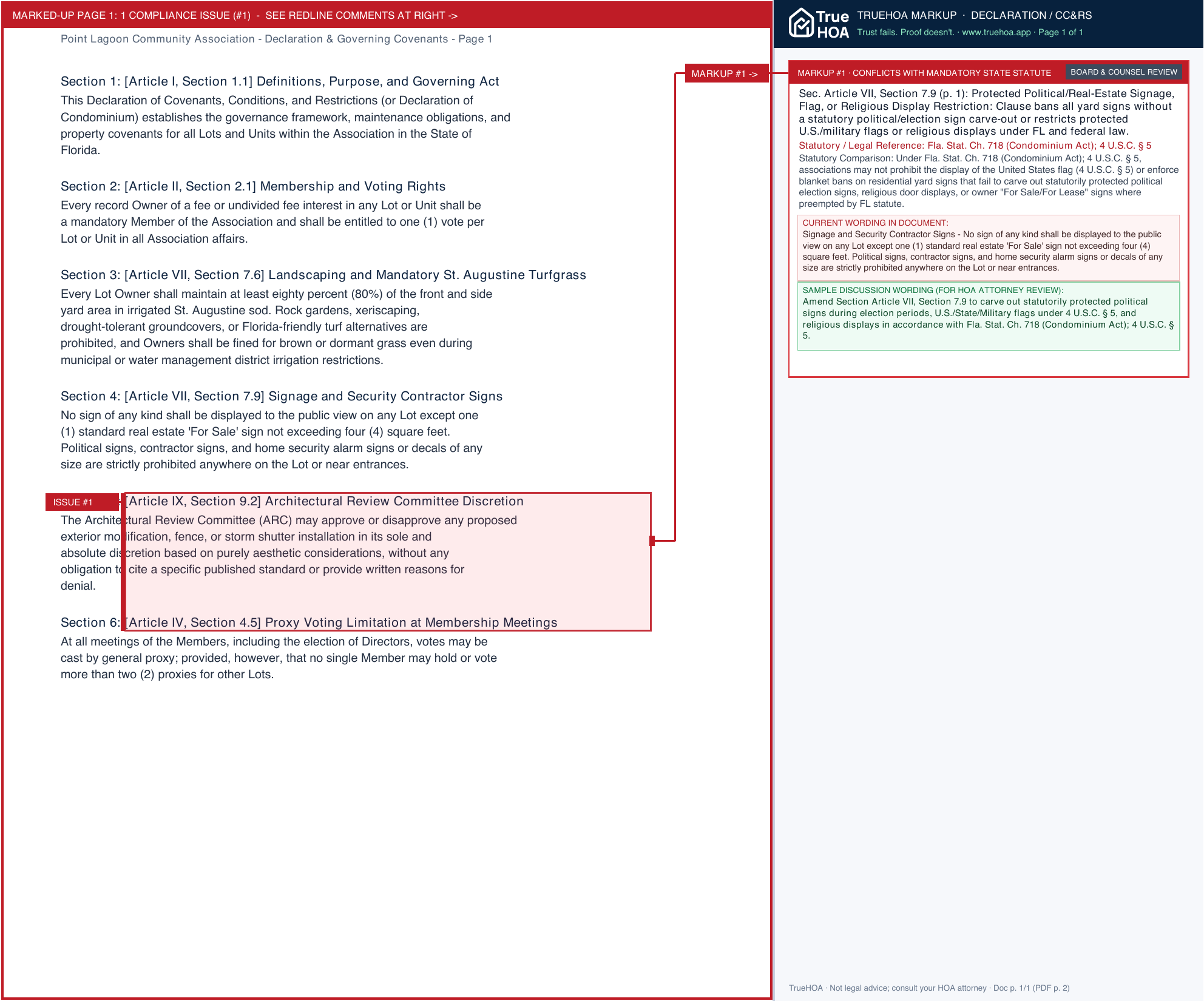 Point Lagoon Community Association Declaration & Governing Covenants page 1 widened with TrueHOA Crystal AI margin annotations