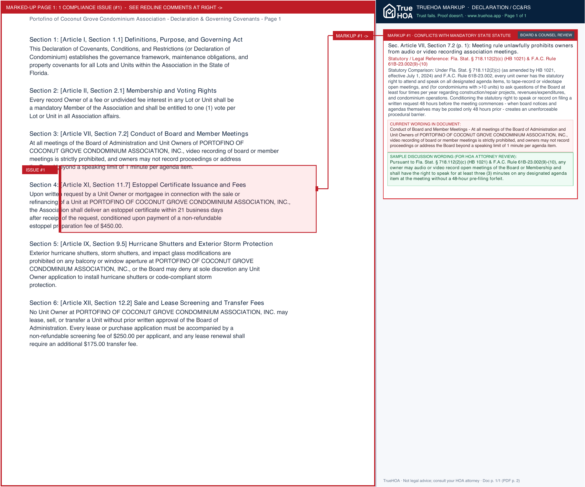 Portofino of Coconut Grove Condominium Association Declaration & Governing Covenants page 1 widened with TrueHOA Crystal AI margin annotations