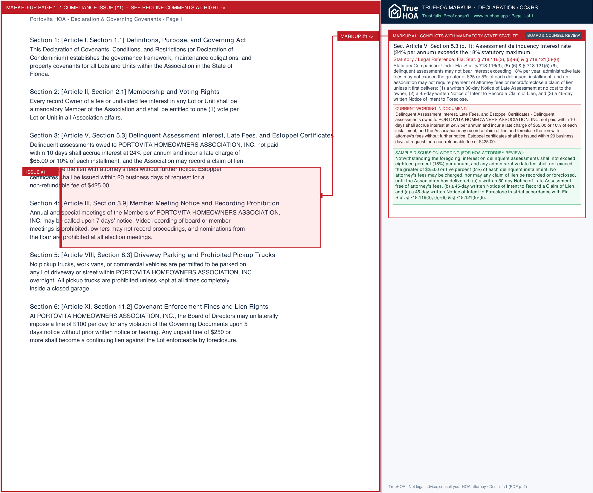 Portovita HOA Declaration & Governing Covenants page 1 widened with TrueHOA Crystal AI margin annotations
