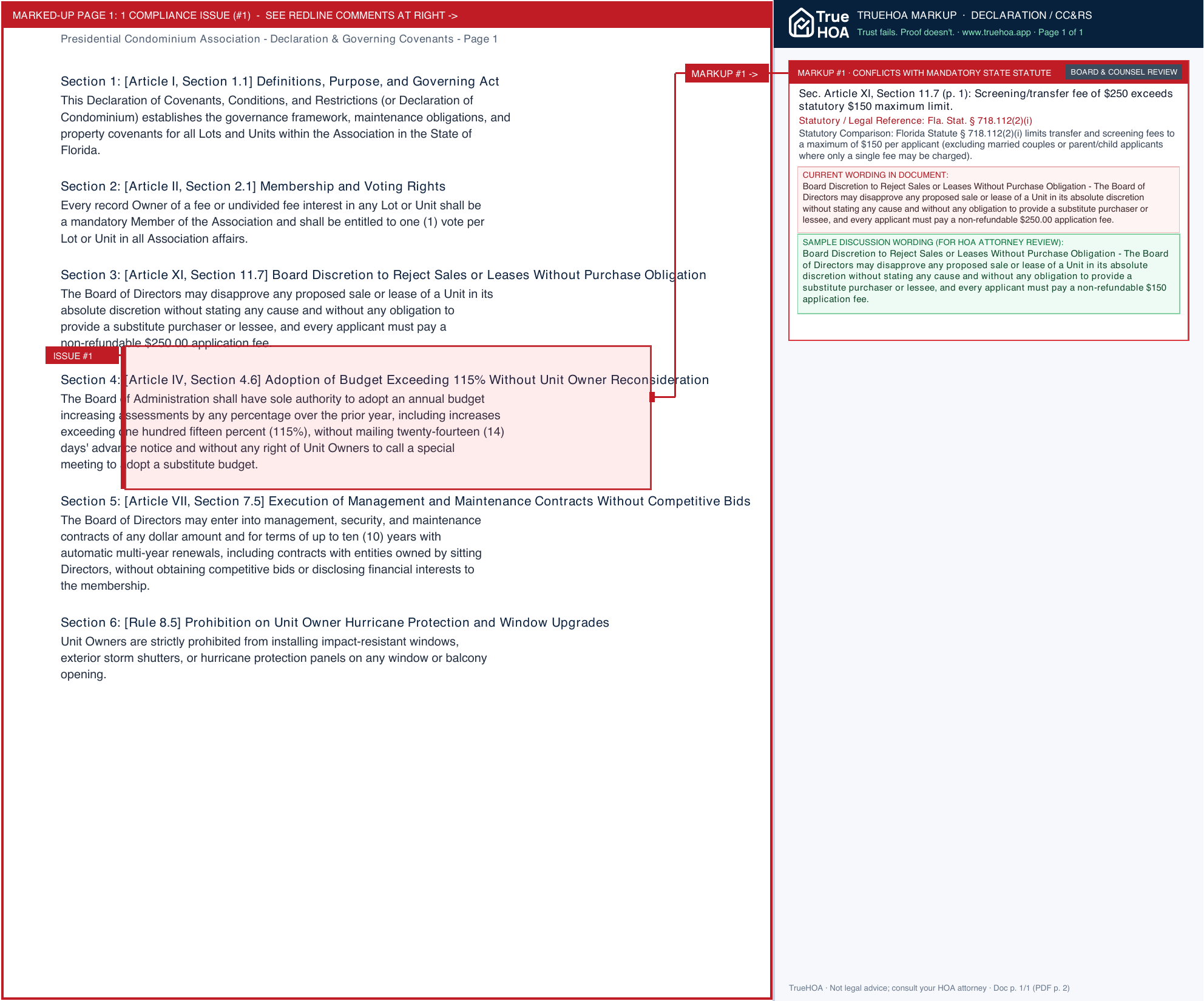 Presidential Condominium Association Declaration & Governing Covenants page 1 widened with TrueHOA Crystal AI margin annotations