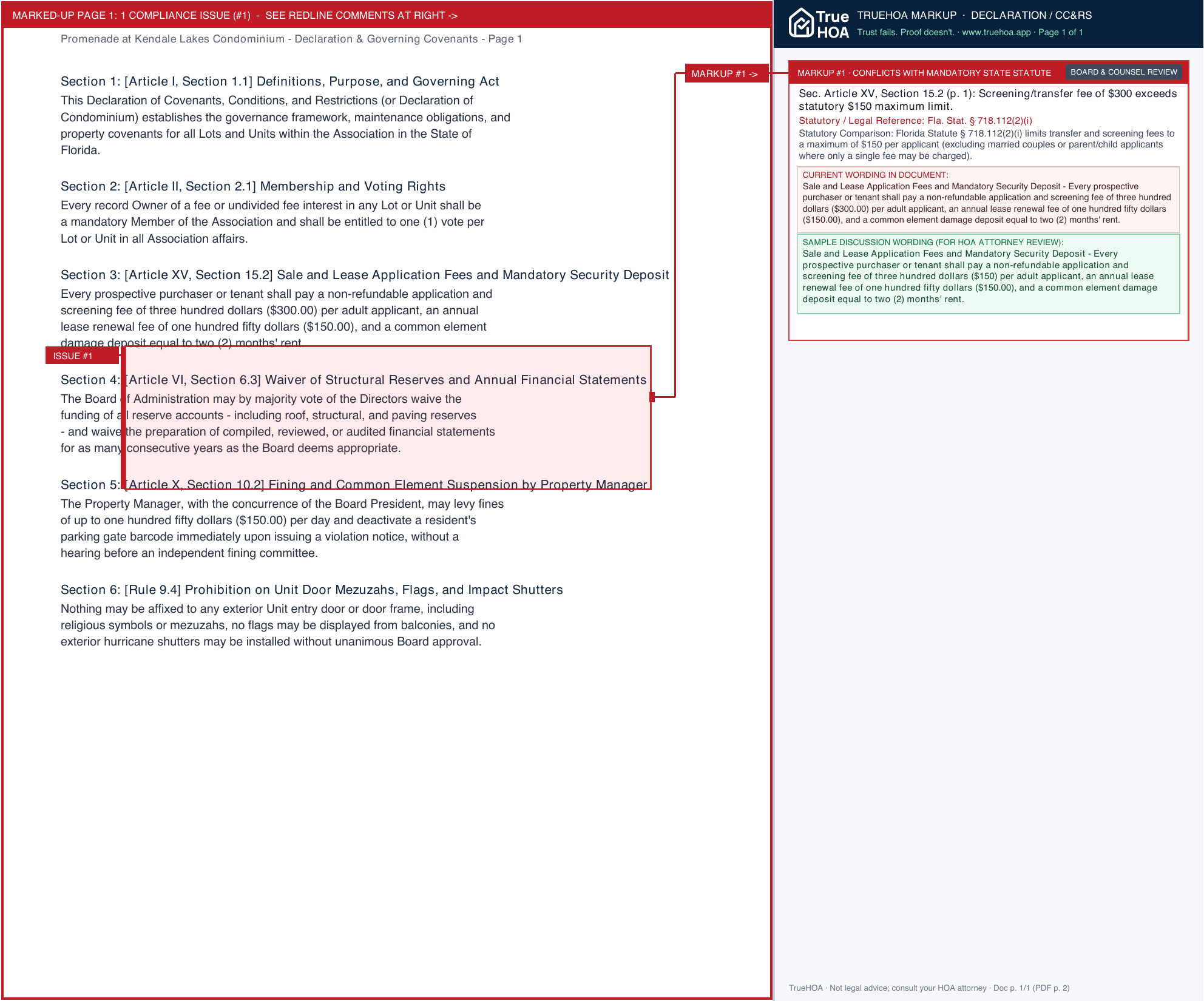 Promenade at Kendale Lakes Condominium Declaration & Governing Covenants page 1 widened with TrueHOA Crystal AI margin annotations