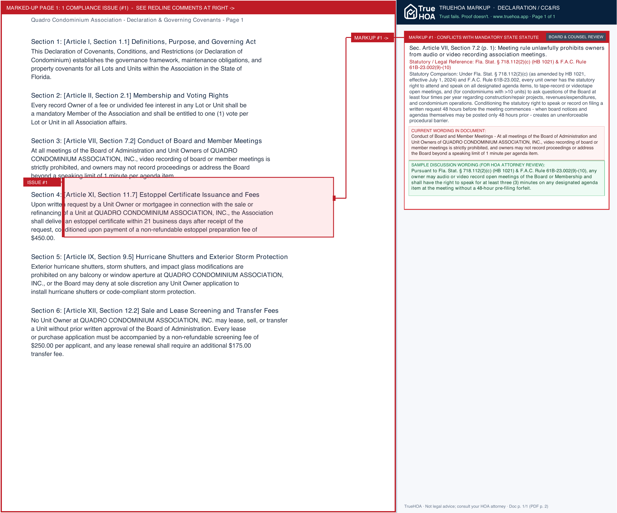 Quadro Condominium Association Declaration & Governing Covenants page 1 widened with TrueHOA Crystal AI margin annotations