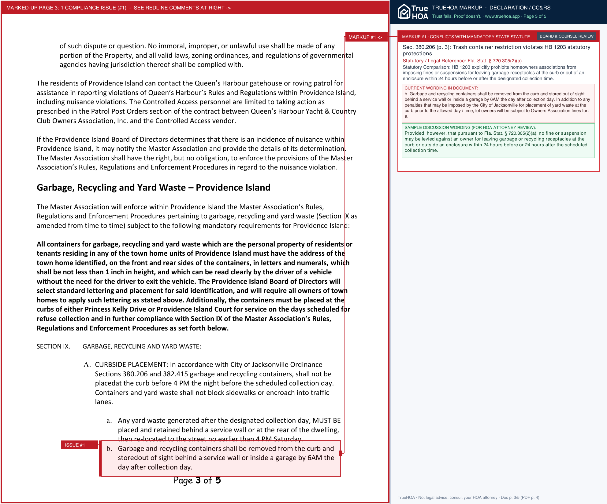 Queen's Harbour Yacht and Country Club Owners Association Pi Rules Enforcement page 3 widened with TrueHOA Crystal AI margin annotations