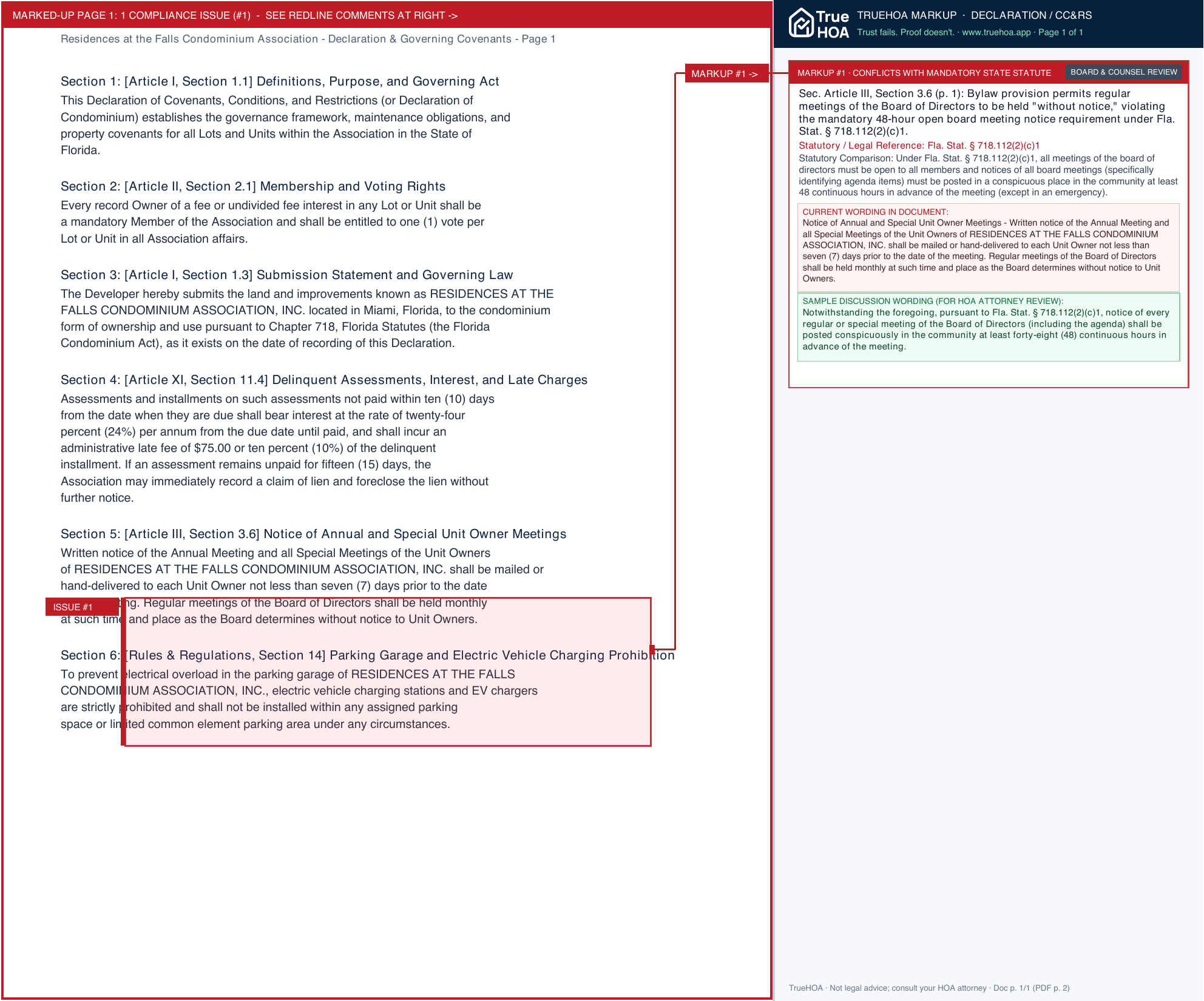 Residences at the Falls Condominium Association Declaration & Governing Covenants page 1 widened with TrueHOA Crystal AI margin annotations