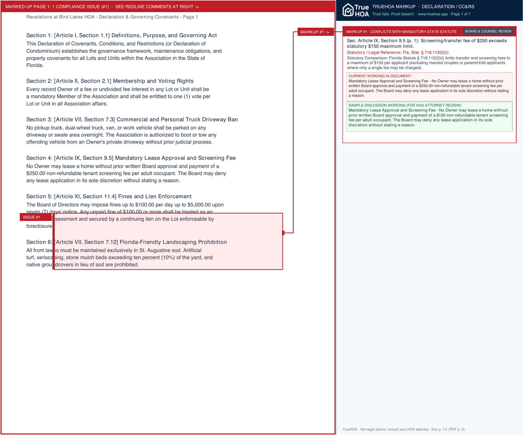 Revelations at Bird Lakes HOA Declaration & Governing Covenants page 1 widened with TrueHOA Crystal AI margin annotations