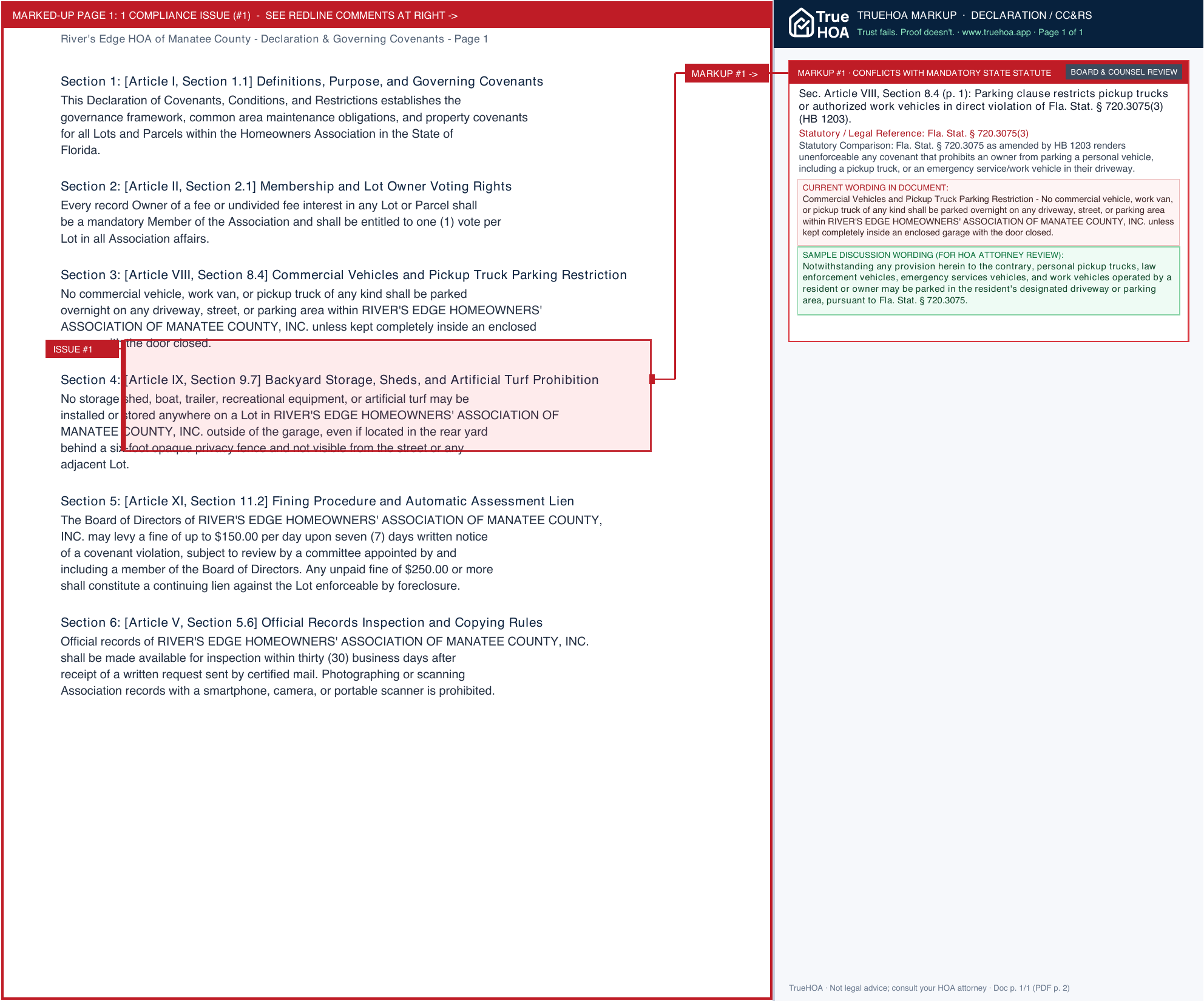 River's Edge HOA of Manatee County Declaration & Governing Covenants page 1 widened with TrueHOA Crystal AI margin annotations