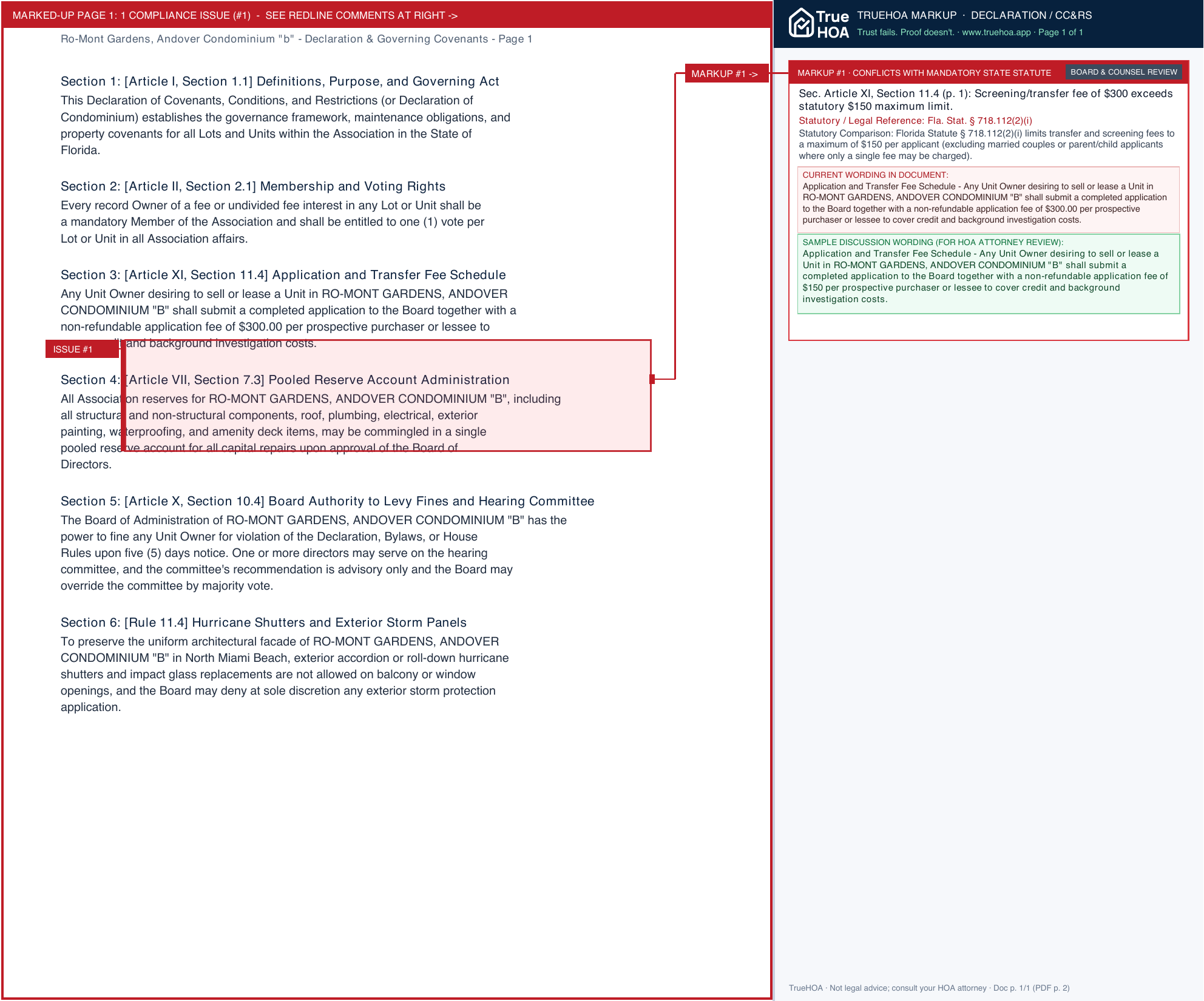 Ro-Mont Gardens, Andover Condominium "b" Declaration & Governing Covenants page 1 widened with TrueHOA Crystal AI margin annotations