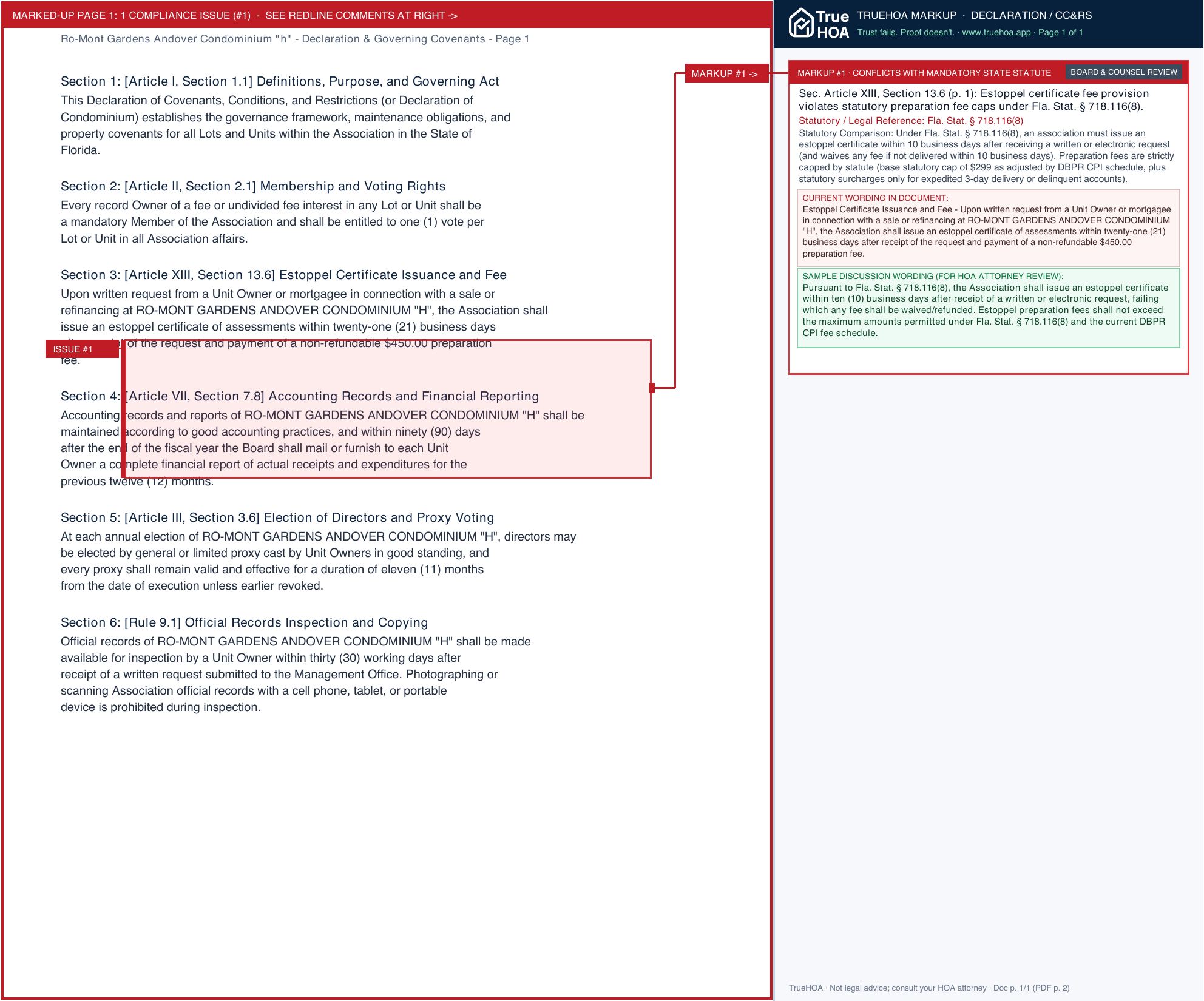 Ro-Mont Gardens Andover Condominium "h" Declaration & Governing Covenants page 1 widened with TrueHOA Crystal AI margin annotations