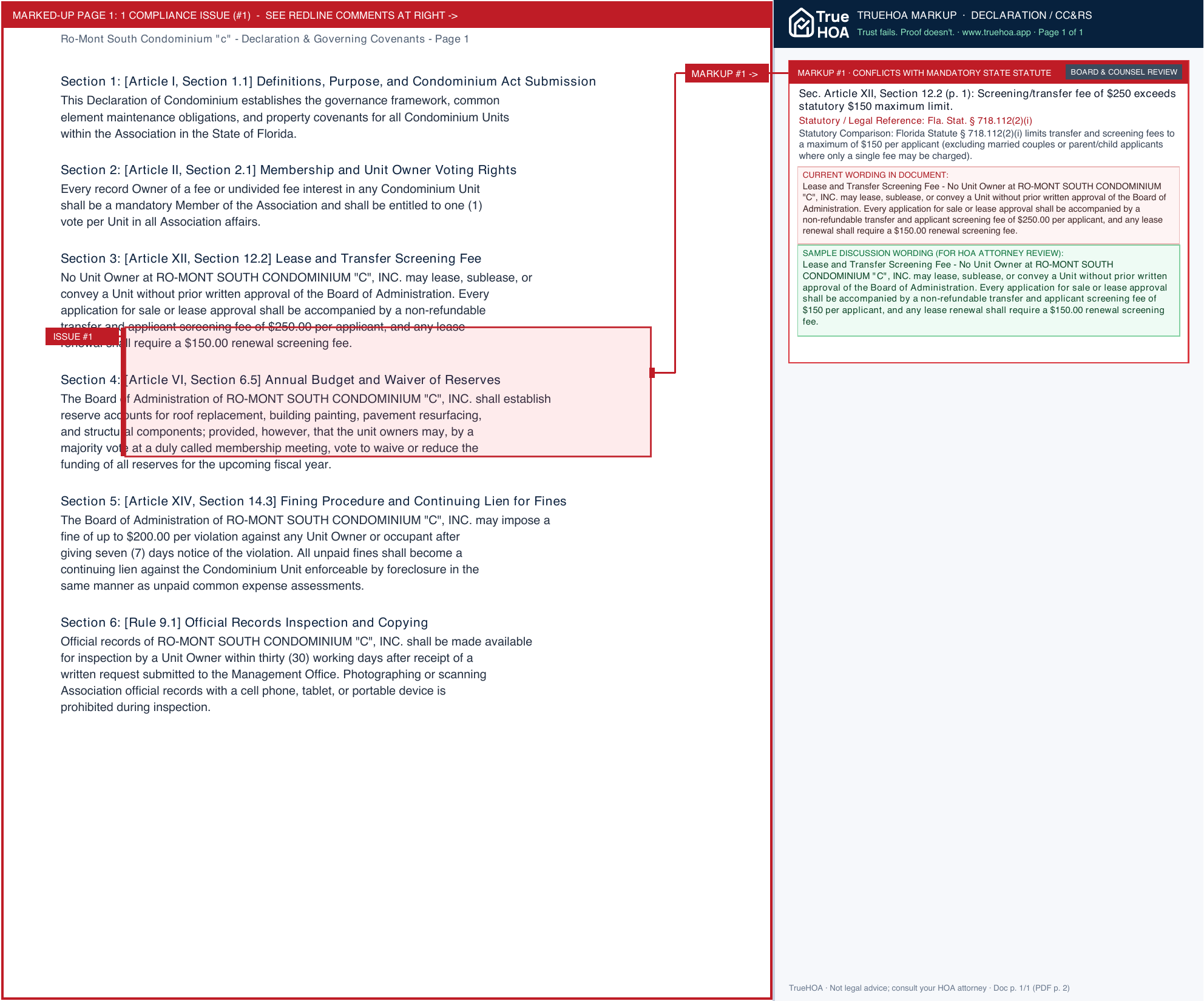 Ro-Mont South Condominium "c" Declaration & Governing Covenants page 1 widened with TrueHOA Crystal AI margin annotations