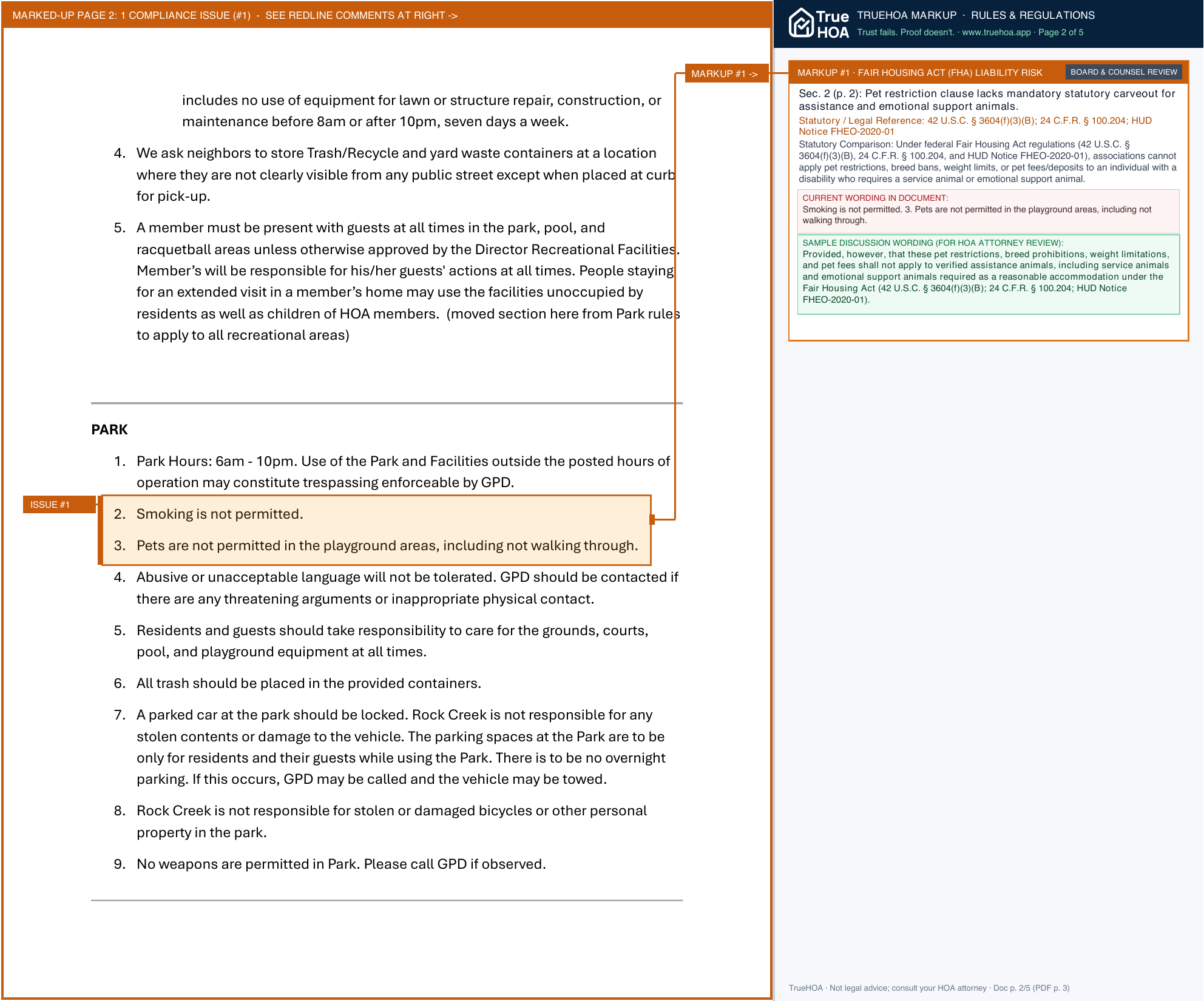Rock Creek Owners Association RCOA 2024 Rules and Regulations page 2 widened with TrueHOA Crystal AI margin annotations