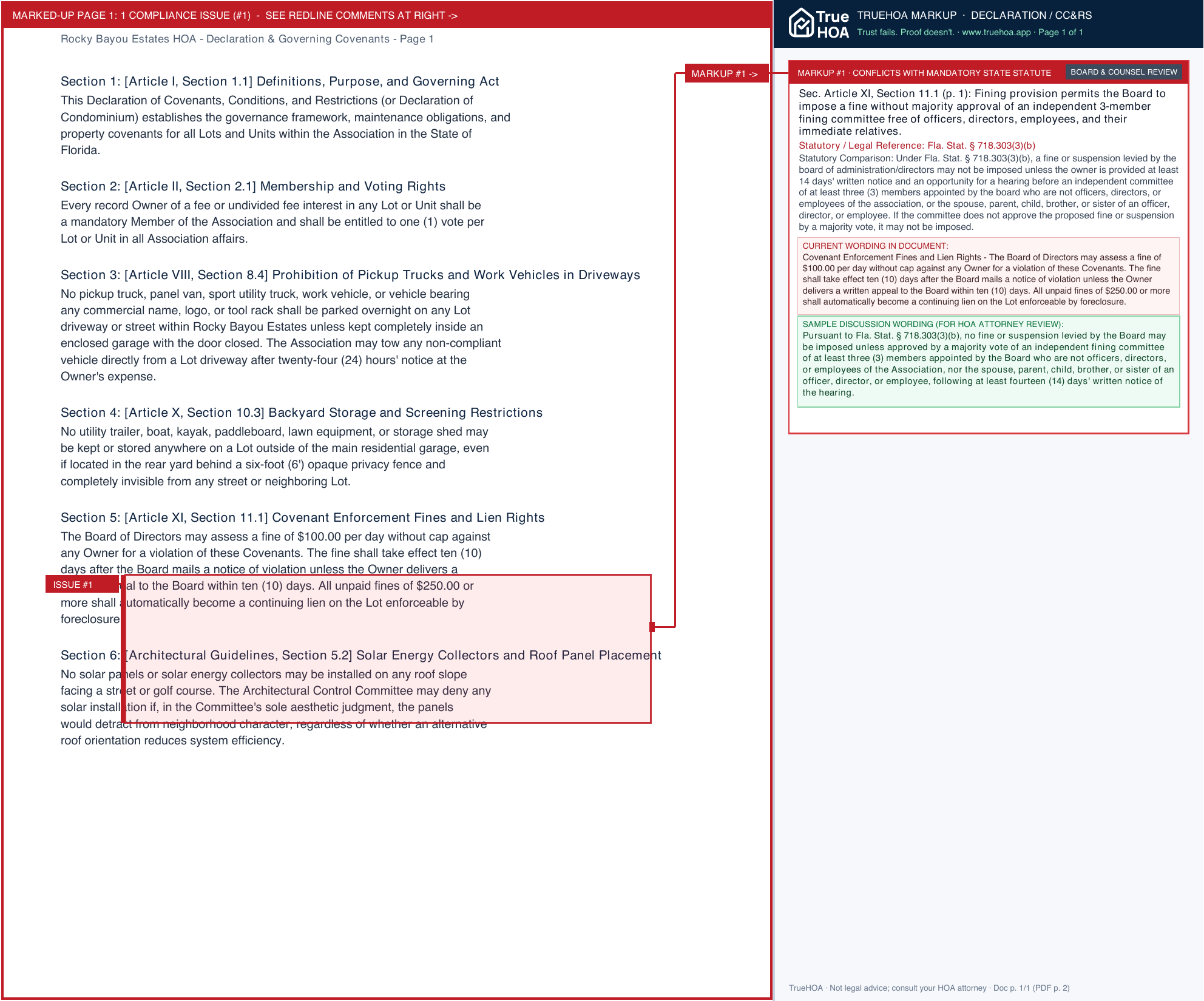 Rocky Bayou Estates HOA Declaration & Governing Covenants page 1 widened with TrueHOA Crystal AI margin annotations